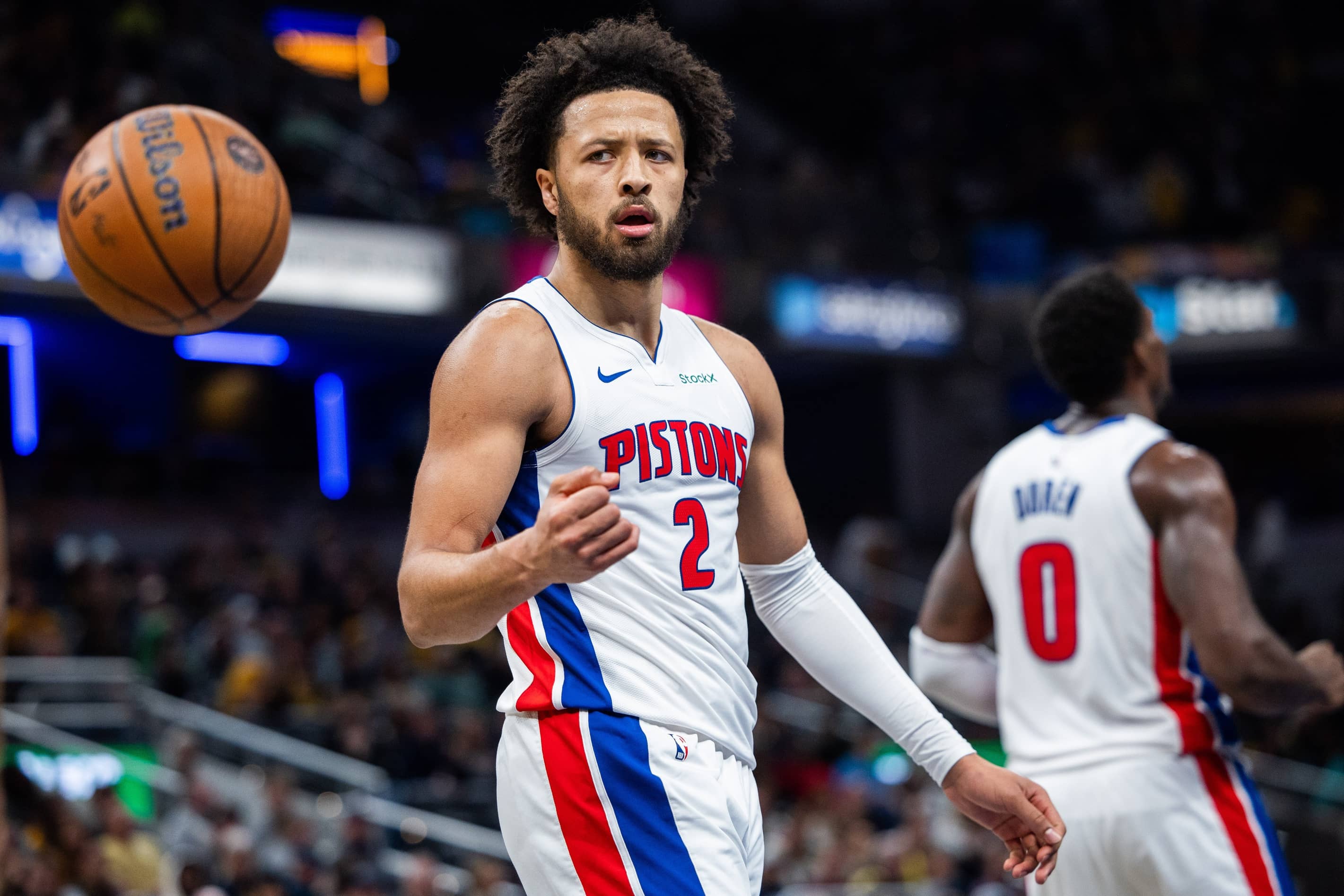 Nov 29, 2024; Indianapolis, Indiana, USA; Detroit Pistons guard Cade Cunningham (2) celebrates a made shot in the second half against the Indiana Pacers at Gainbridge Fieldhouse. Mandatory Credit: Trevor Ruszkowski-Imagn Images  