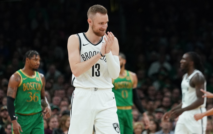 Nov 27, 2019; Boston, MA, USA; Brooklyn Nets guard Dzanan Musa (13) reacts to a play against the Boston Celtics in the first quarter at TD Garden