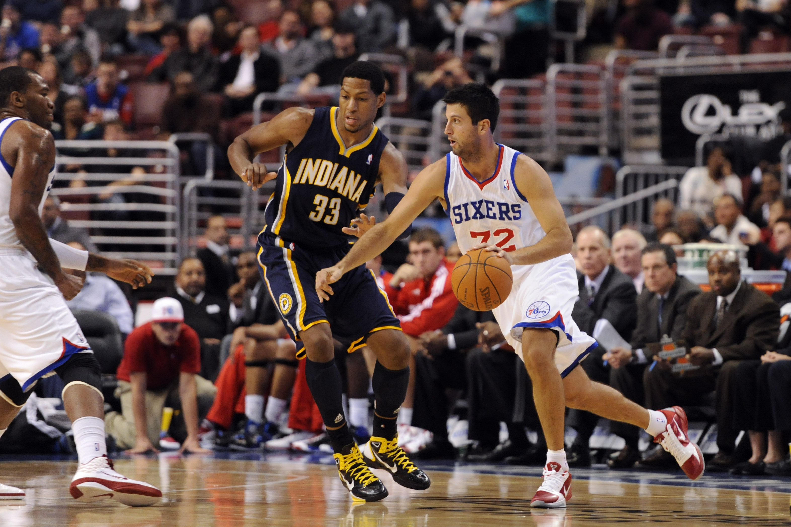 Nov 03, 2010; Philadelphia, PA, USA; Philadelphia 76ers forward Jason Kapono (72) is defended by Indiana Pacers forward Danny Granger (33) during the second quarter at the Wells Fargo Center.