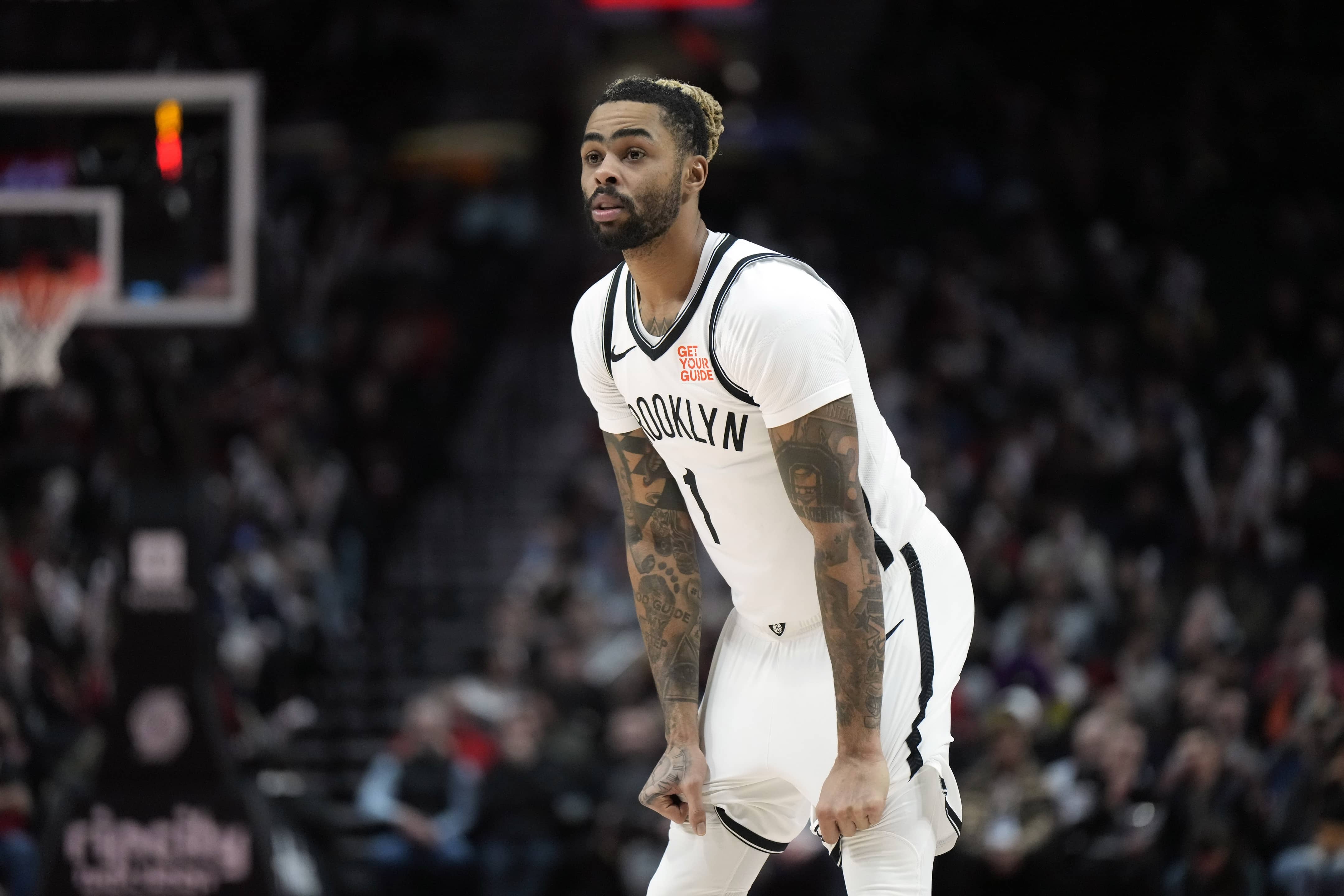 Jan 14, 2025; Portland, Oregon, USA; Brooklyn Nets guard D'Angelo Russell (1) looks on during the second half against the Portland Trail Blazers at Moda Center. Mandatory Credit: Soobum Im-Imagn Images