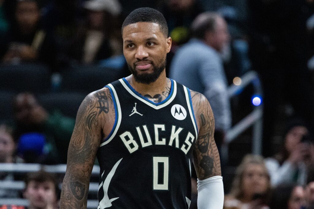 Apr 22, 2025; Indianapolis, Indiana, USA; Milwaukee Bucks guard Damian Lillard (0) during game two of first round for the 2024 NBA Playoffs against the Indiana Pacers at Gainbridge Fieldhouse. Mandatory Credit: Trevor Ruszkowski-Imagn Images