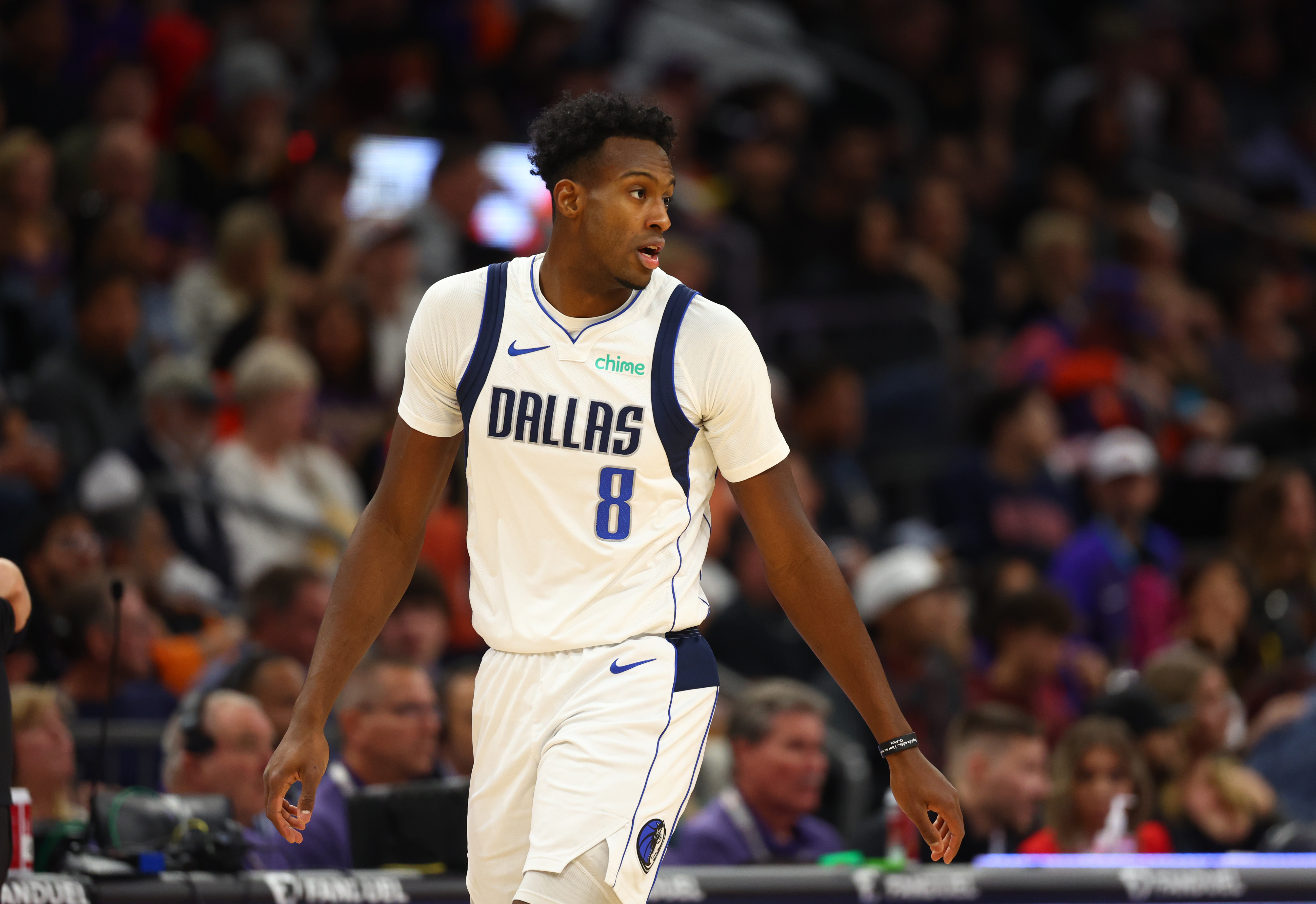 Dec 27, 2024; Phoenix, Arizona, USA; Dallas Mavericks forward Olivier-Maxence Prosper (8) against the Phoenix Suns at Footprint Center. Mandatory Credit: Mark J. Rebilas-Imagn Images