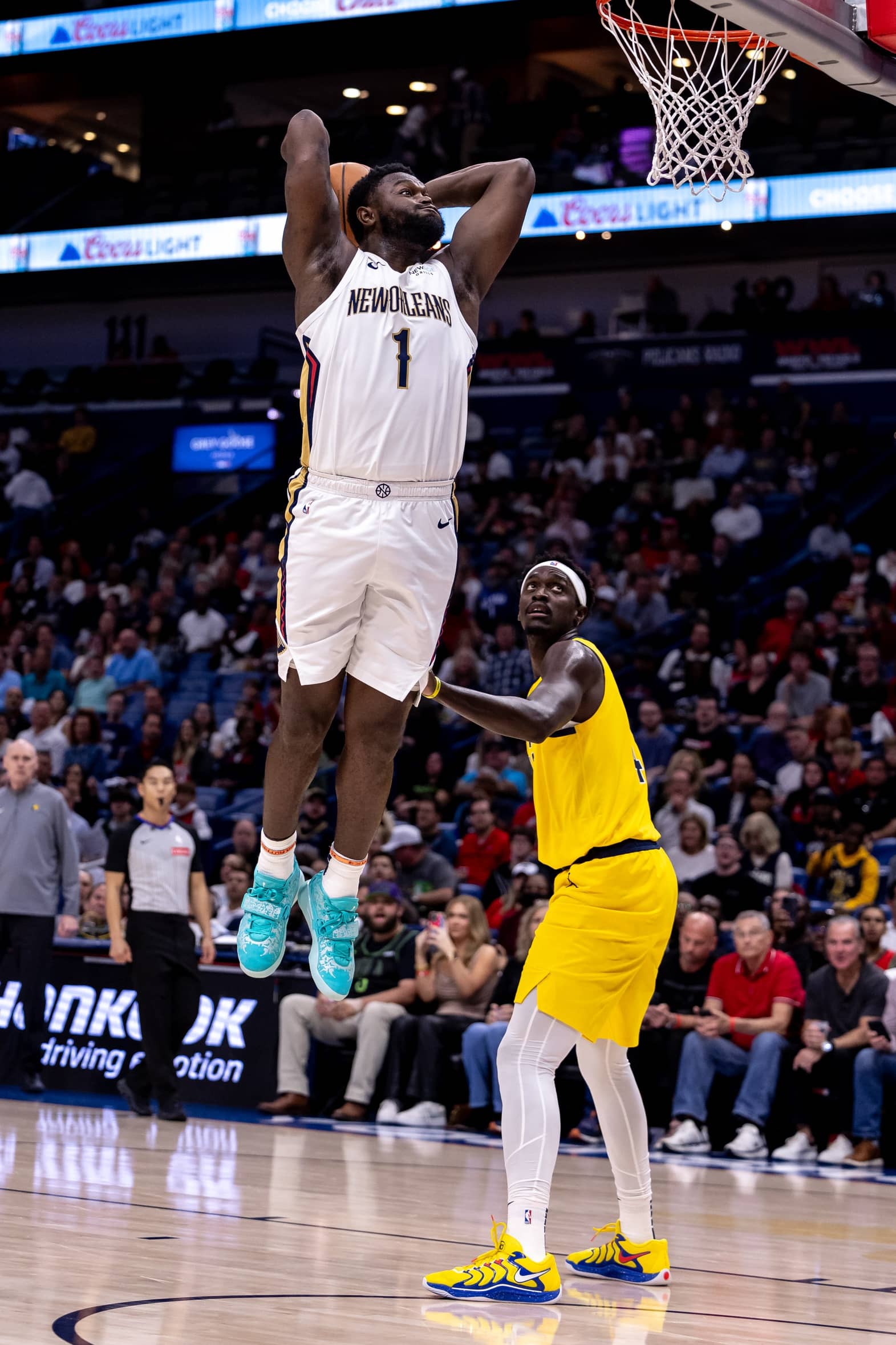 Nov 1, 2024; New Orleans, Louisiana, USA; New Orleans Pelicans forward Zion Williamson (1) dunks the ball against Indiana Pacers forward Pascal Siakam (43) during the first half at Smoothie King Center. Mandatory Credit: Stephen Lew-Imagn Images
