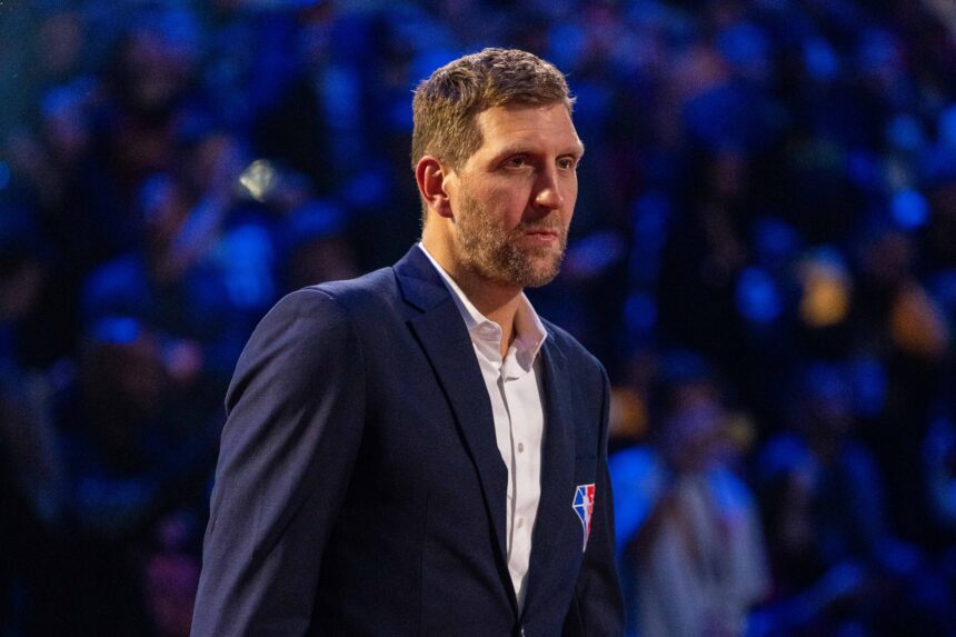 NBA great Dirk Nowitzki is honored for being selected to the NBA 75th Anniversary Team during halftime in the 2022 NBA All-Star Game at Rocket Mortgage FieldHouse.