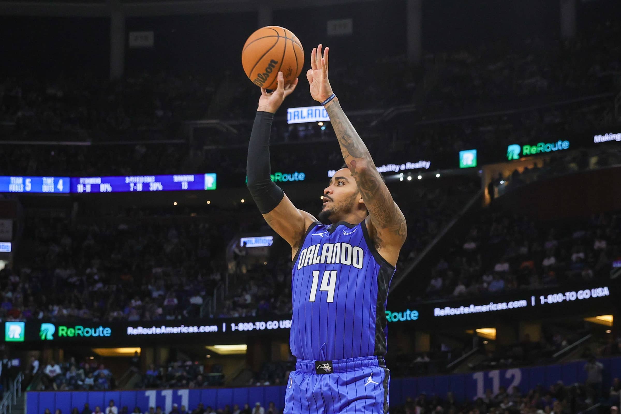 Dec 27, 2024; Orlando, Florida, USA; Orlando Magic guard Gary Harris (14) shoots during the second half against the New York Knicks at Kia Center. Mandatory Credit: Mike Watters-Imagn Images