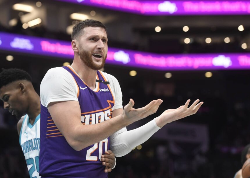 Phoenix Suns center Jusuf Nurkic (20) reacts after being called on a foul during the second half against the Charlotte Hornets at the Spectrum Center.