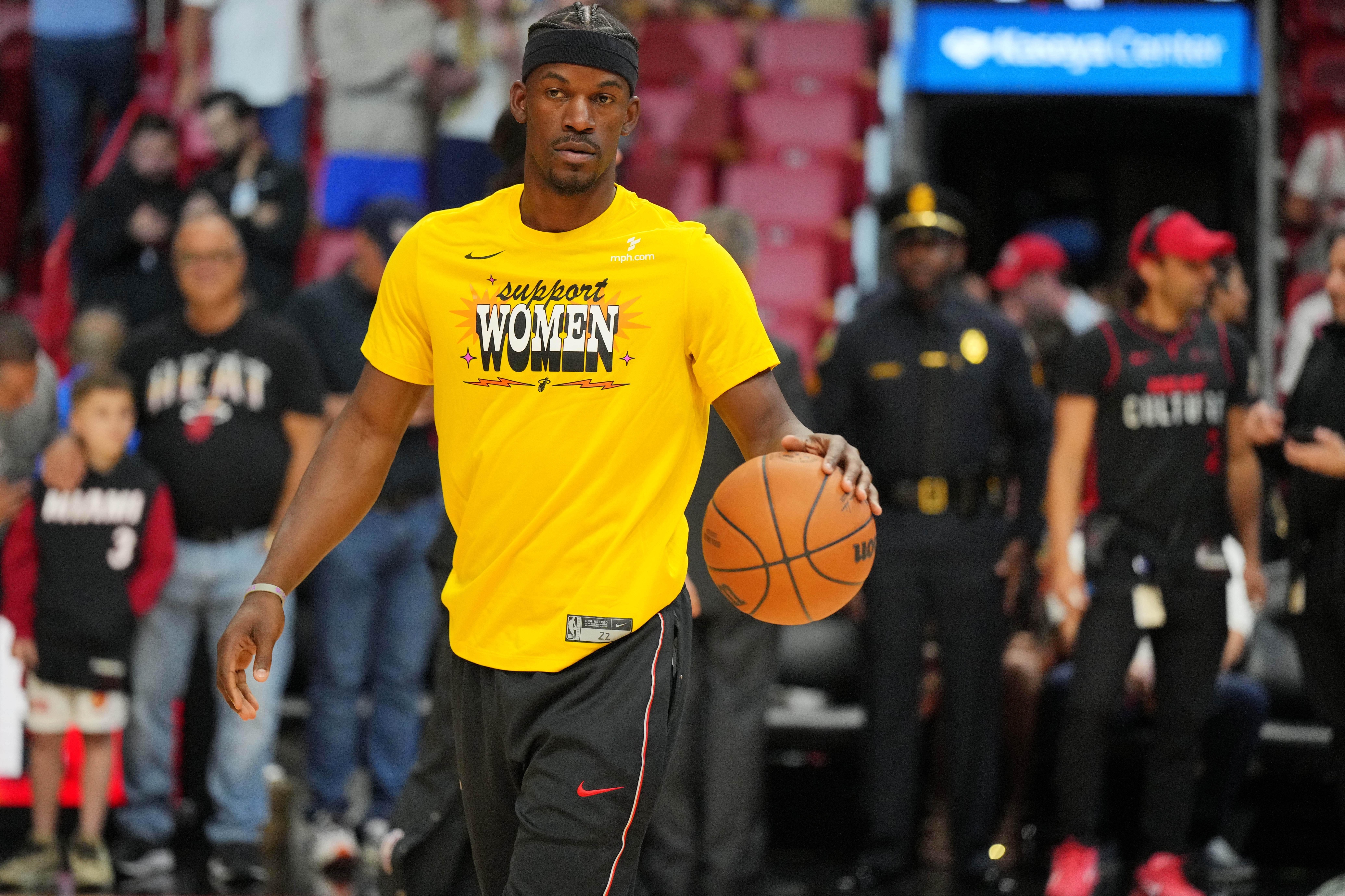 Miami Heat forward Jimmy Butler (22) warms up before the game against the Denver Nuggets at Kaseya Center. Mandatory Credit: Jim Rassol-Imagn Images