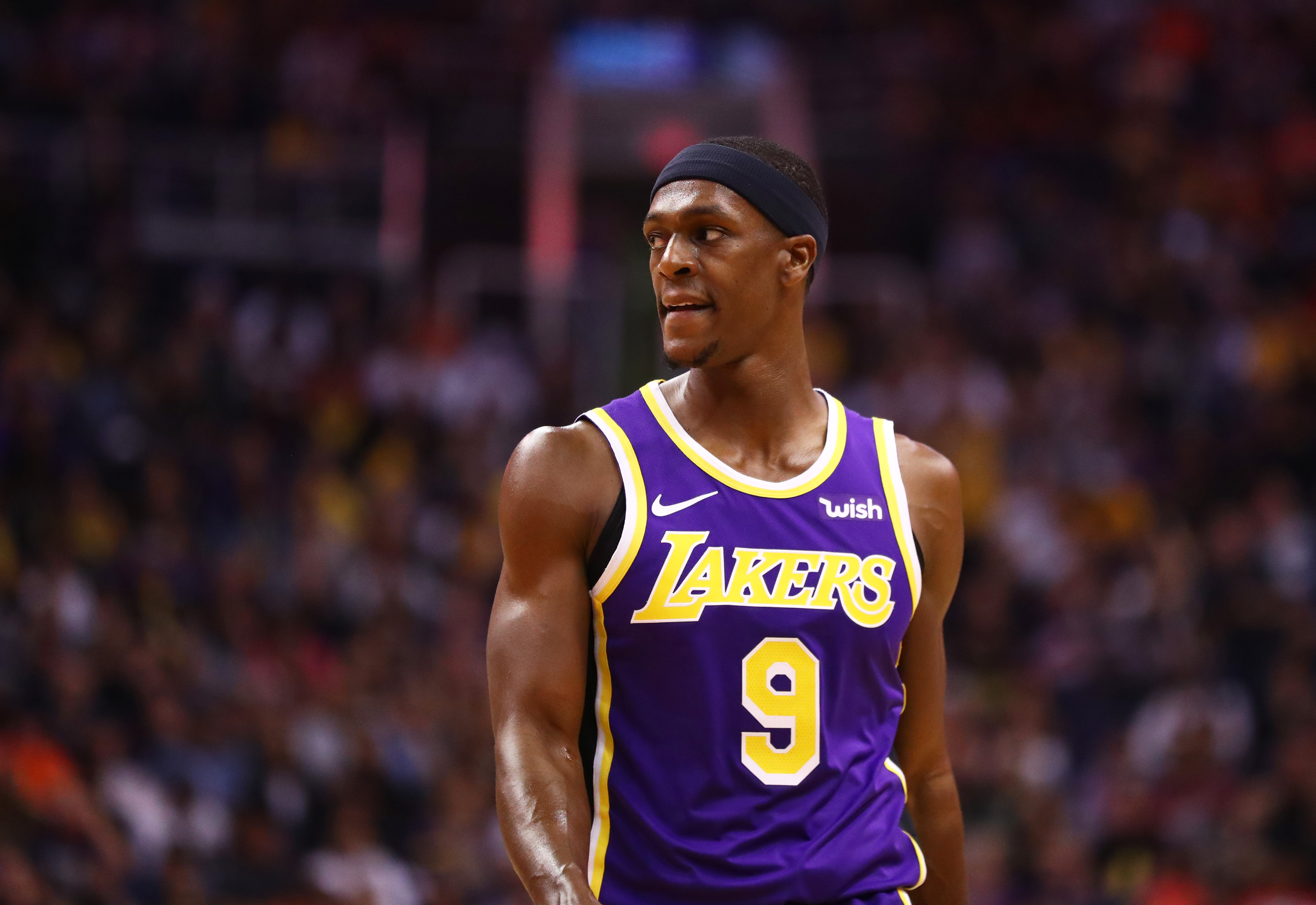 Nov 12, 2019; Phoenix, AZ, USA; Los Angeles Lakers guard Rajon Rondo (9) against the Phoenix Suns at Talking Stick Resort Arena. Mandatory Credit: Mark J. Rebilas-Imagn Images  