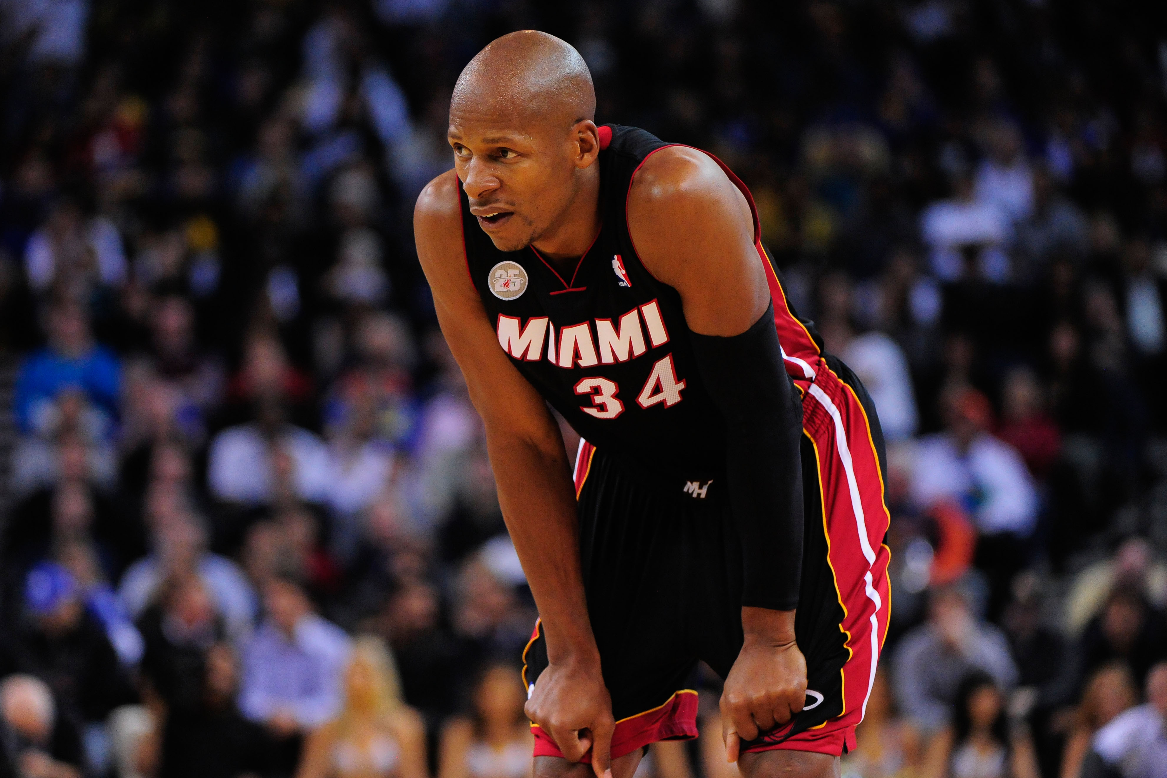 January 16, 2013; Oakland, CA, USA; Miami Heat shooting guard Ray Allen (34) looks on during the second quarter against the Golden State Warriors at Oracle Arena. The Heat defeated the Warriors 92-75. Mandatory Credit: Kyle Terada-Imagn Images  
