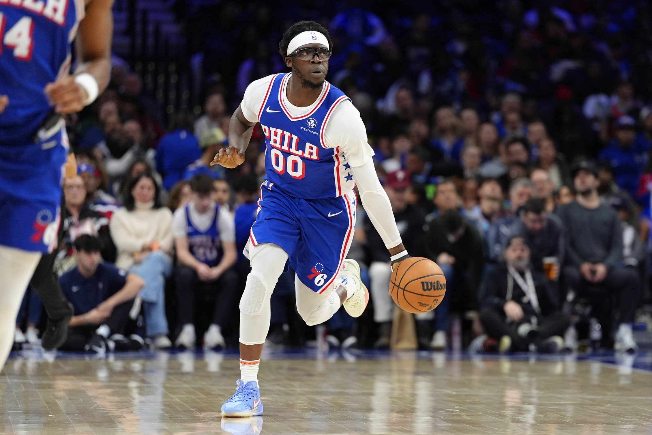 Feb 5, 2025; Philadelphia, Pennsylvania, USA; Philadelphia 76ers guard Reggie Jackson (00) controls the ball against the Miami Heat in the third quarter at Wells Fargo Center. Mandatory Credit: Kyle Ross-Imagn Images