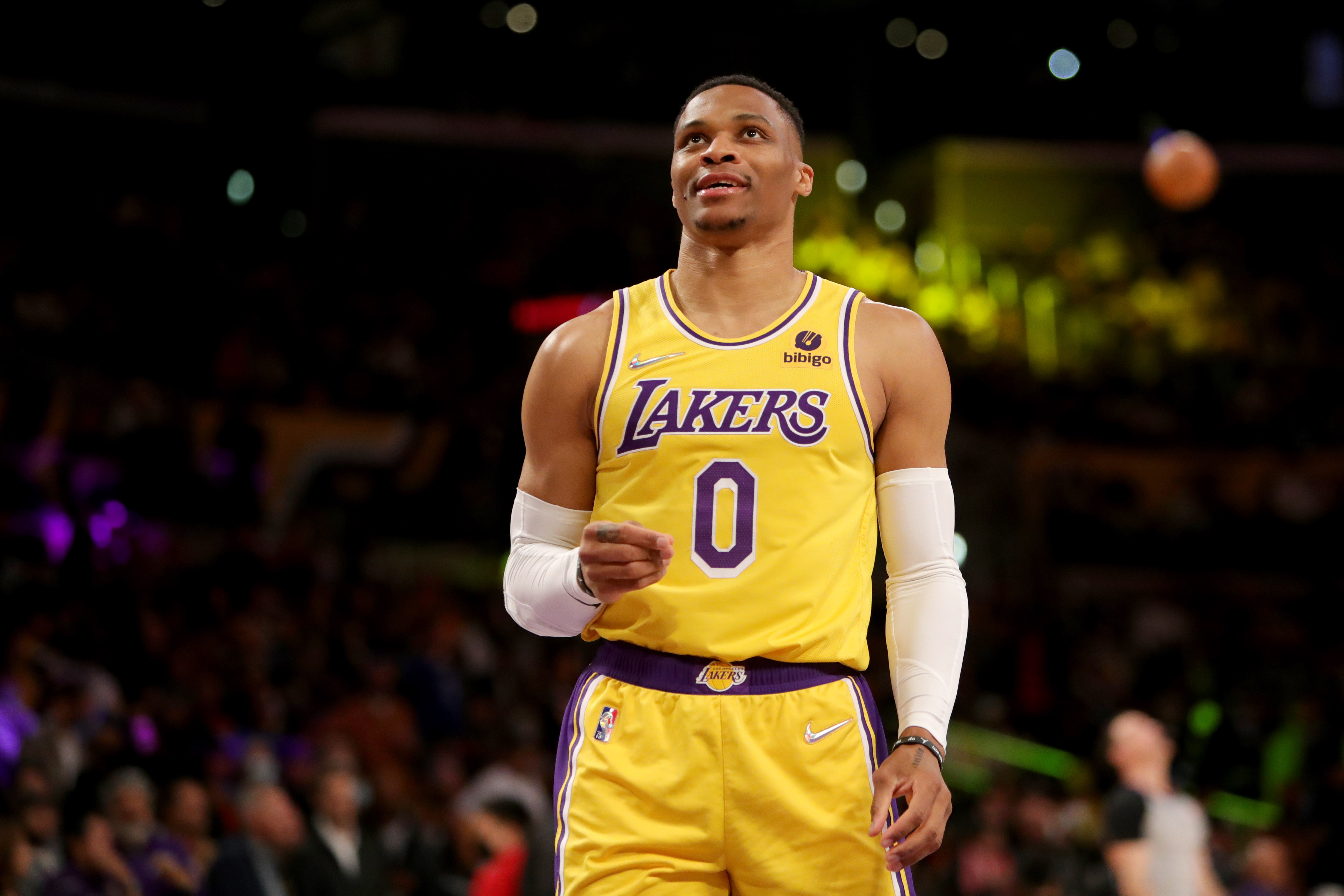 Mar 5, 2022; Los Angeles, California, USA; Los Angeles Lakers guard Russell Westbrook (0) looks up before the game against the Golden State Warriors at Crypto.com Arena. The Lakers won 124-116. Mandatory Credit: Kiyoshi Mio-Imagn Images  