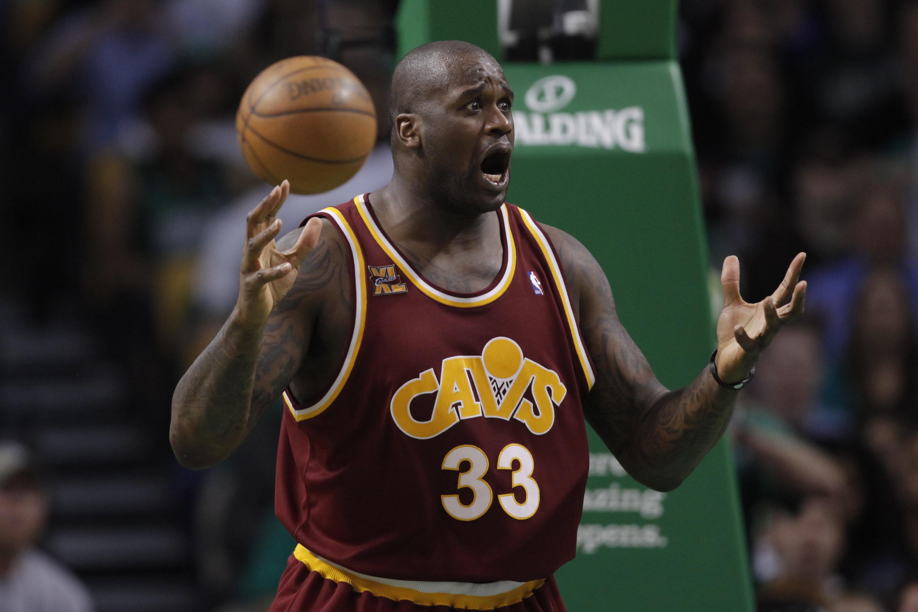 May 9, 2010; Boston, MA, USA; Cleveland Cavaliers center Shaquille O'Neal (33) reacts to a call as they take on the Boston Celtics during the second half in game four of the eastern conference semifinals in the 2010 NBA playoffs at the TD Garden. The Celtics defeated the Cavaliers 97-87. Mandatory Credit: David Butler II-Imagn Images  
