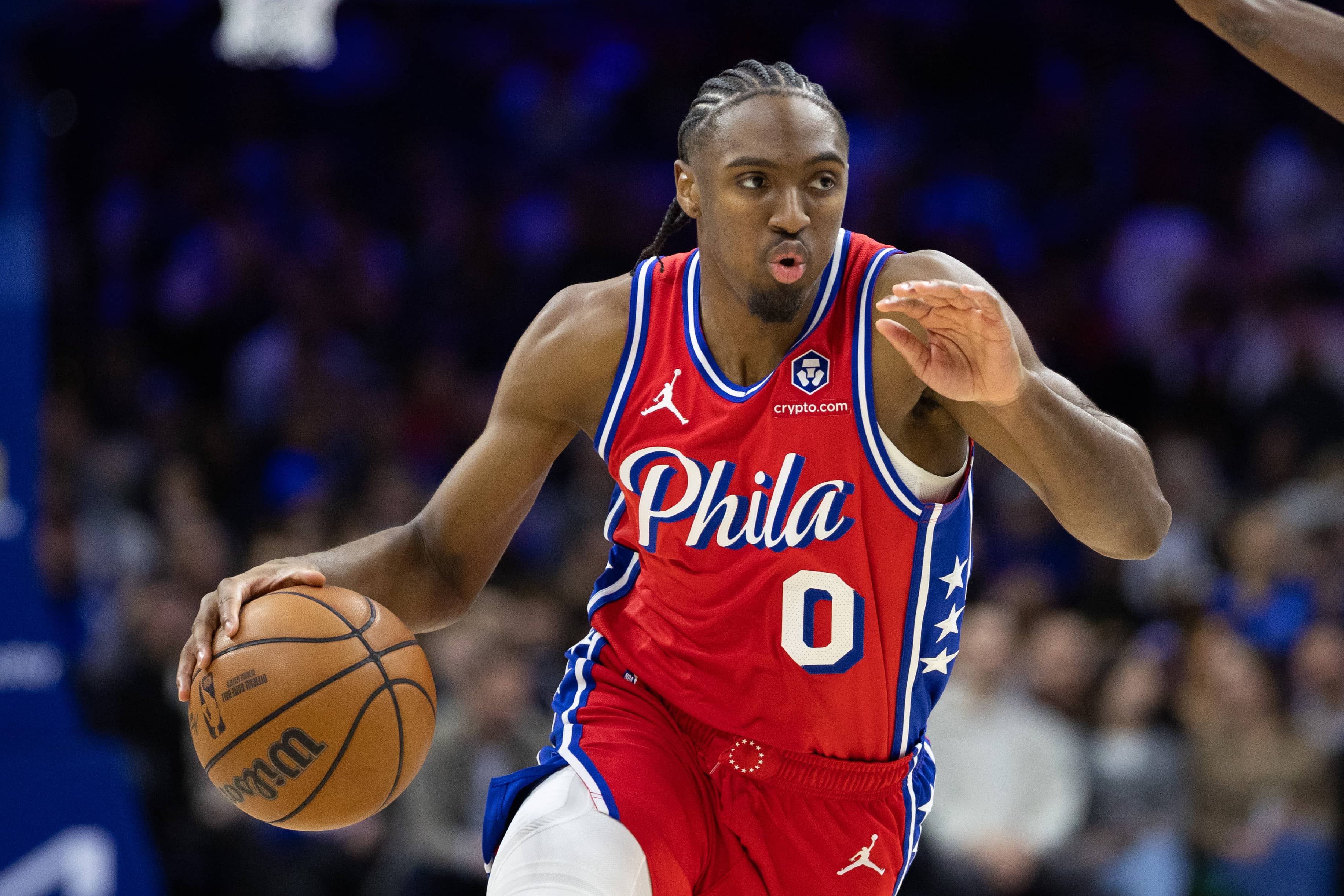 Philadelphia, Pennsylvania, USA; Philadelphia 76ers guard Tyrese Maxey (0) controls the ball against the New Orleans Pelicans during the second quarter at Wells Fargo Center. Mandatory Credit: Bill Streicher-Imagn Images