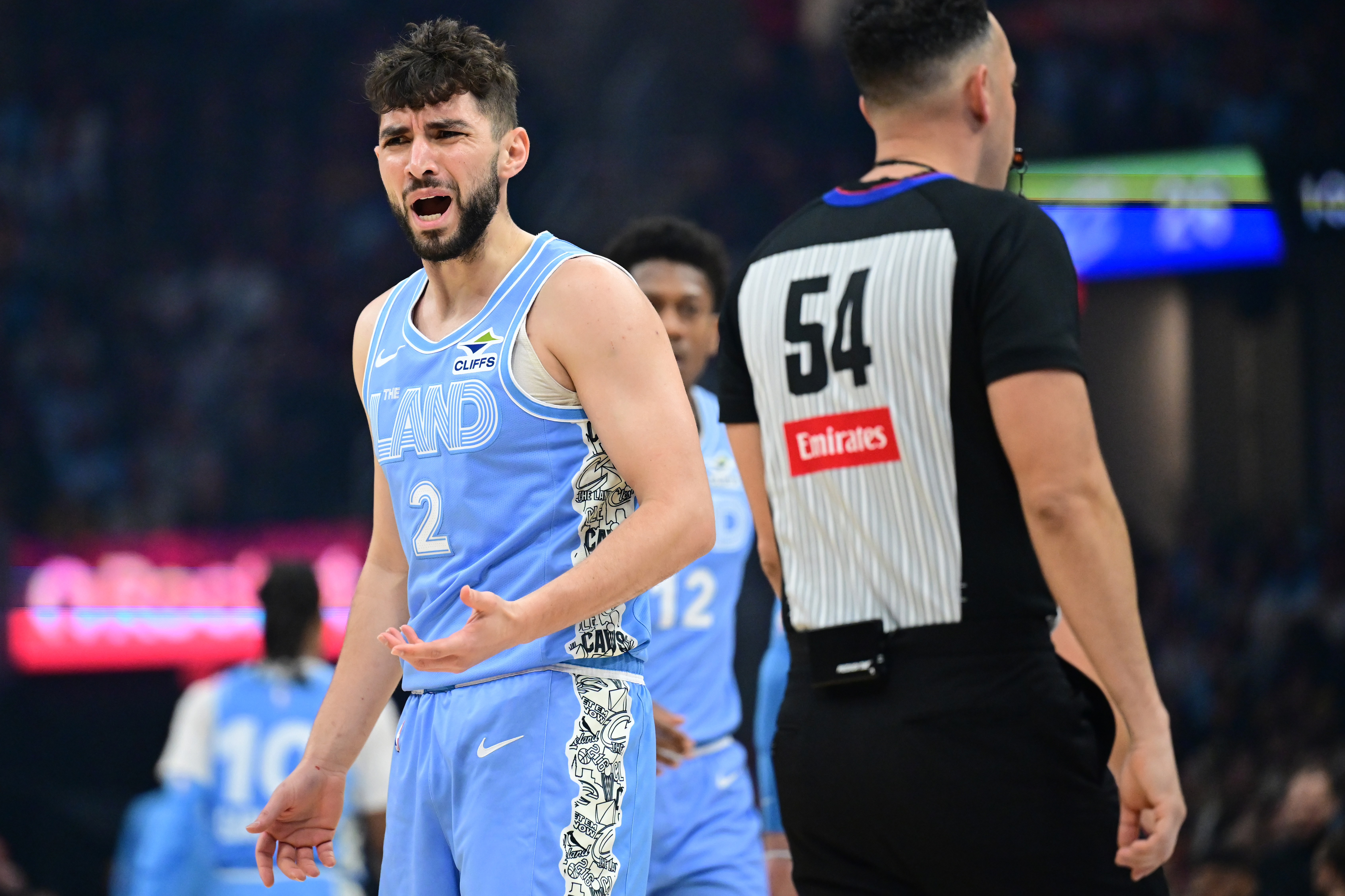Mar 5, 2025; Cleveland, Ohio, USA; Cleveland Cavaliers guard Ty Jerome (2) reacts to a foul call during the first half against the Miami Heat at Rocket Arena. Mandatory Credit: Ken Blaze-Imagn Images