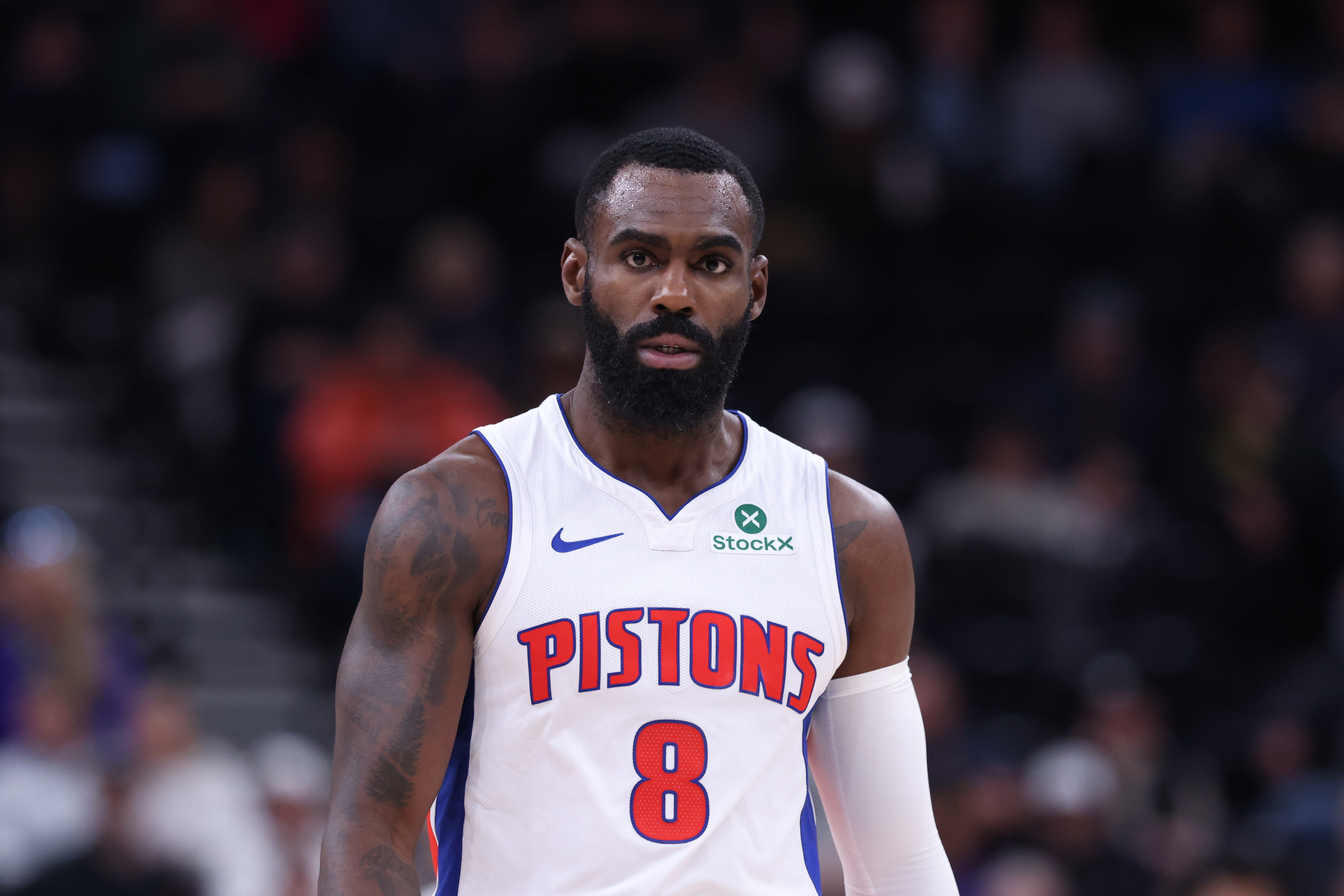 Mar 3, 2025; Salt Lake City, Utah, USA; Detroit Pistons forward Tim Hardaway Jr. (8) walks up the court during the second half of a game against the Utah Jazz at Delta Center. Mandatory Credit: Rob Gray-Imagn Images