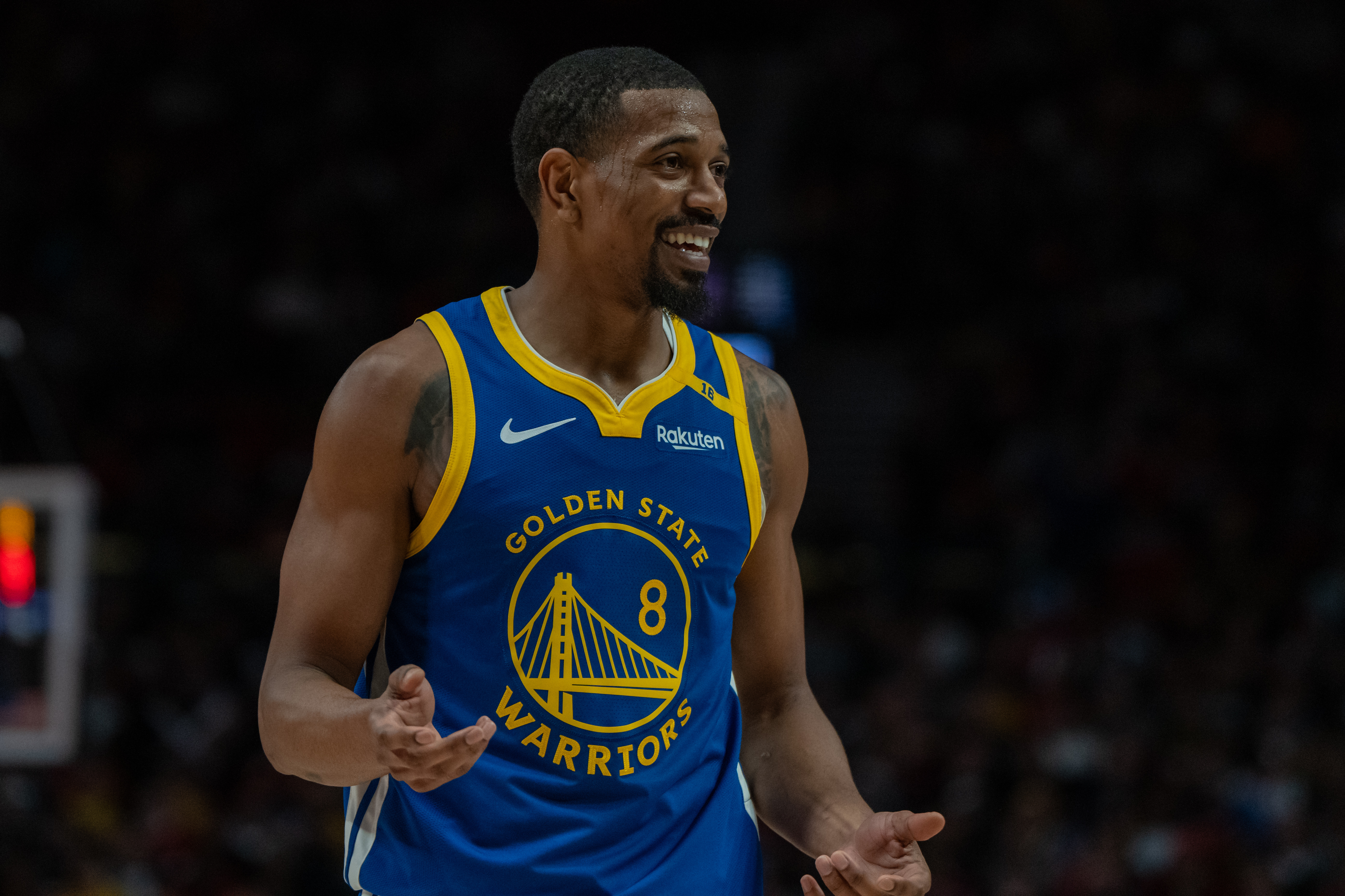 Oct 23, 2024; Portland, Oregon, USA; Golden State Warriors shooting guard De'Anthony Melton (8) is pictured against the Portland Trailblazers at Moda Center. Mandatory Credit: Stephen Brashear-Imagn Images