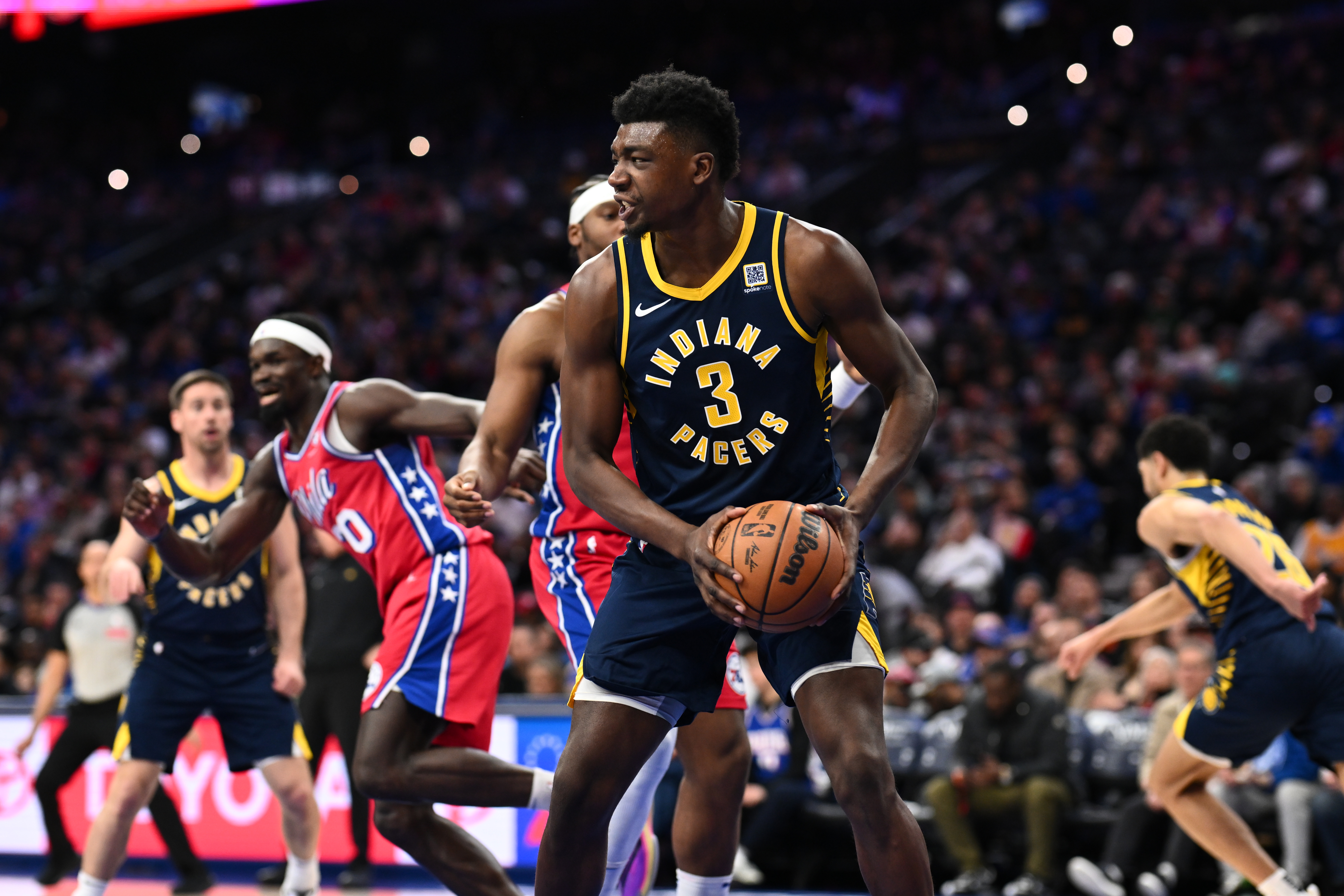 Mar 14, 2025; Philadelphia, Pennsylvania, USA; Indiana Pacers center Thomas Bryant (3) controls the ball against the Philadelphia 76ers in the second quarter at Wells Fargo Center. Mandatory Credit: Kyle Ross-Imagn Images