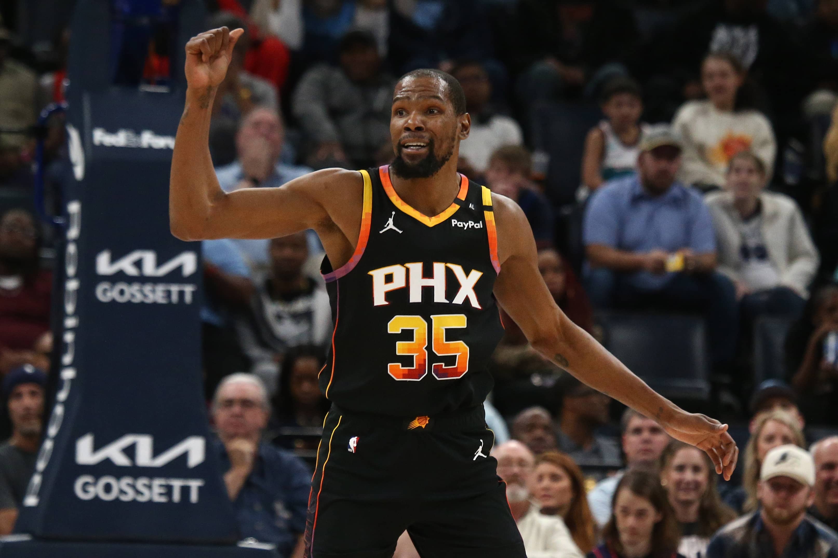 Memphis, Tennessee, USA; Phoenix Suns forward Kevin Durant (35) reacts during the fourth quarter against the Memphis Grizzlies at FedExForum. Mandatory Credit: Petre Thomas-Imagn Images