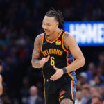 Mar 9, 2025; Oklahoma City, Oklahoma, USA; Oklahoma City Thunder forward Jaylin Williams (6) celebrates after a basket against the Denver Nuggets during the second quarter at Paycom Center. Mandatory Credit: Alonzo Adams-Imagn Images