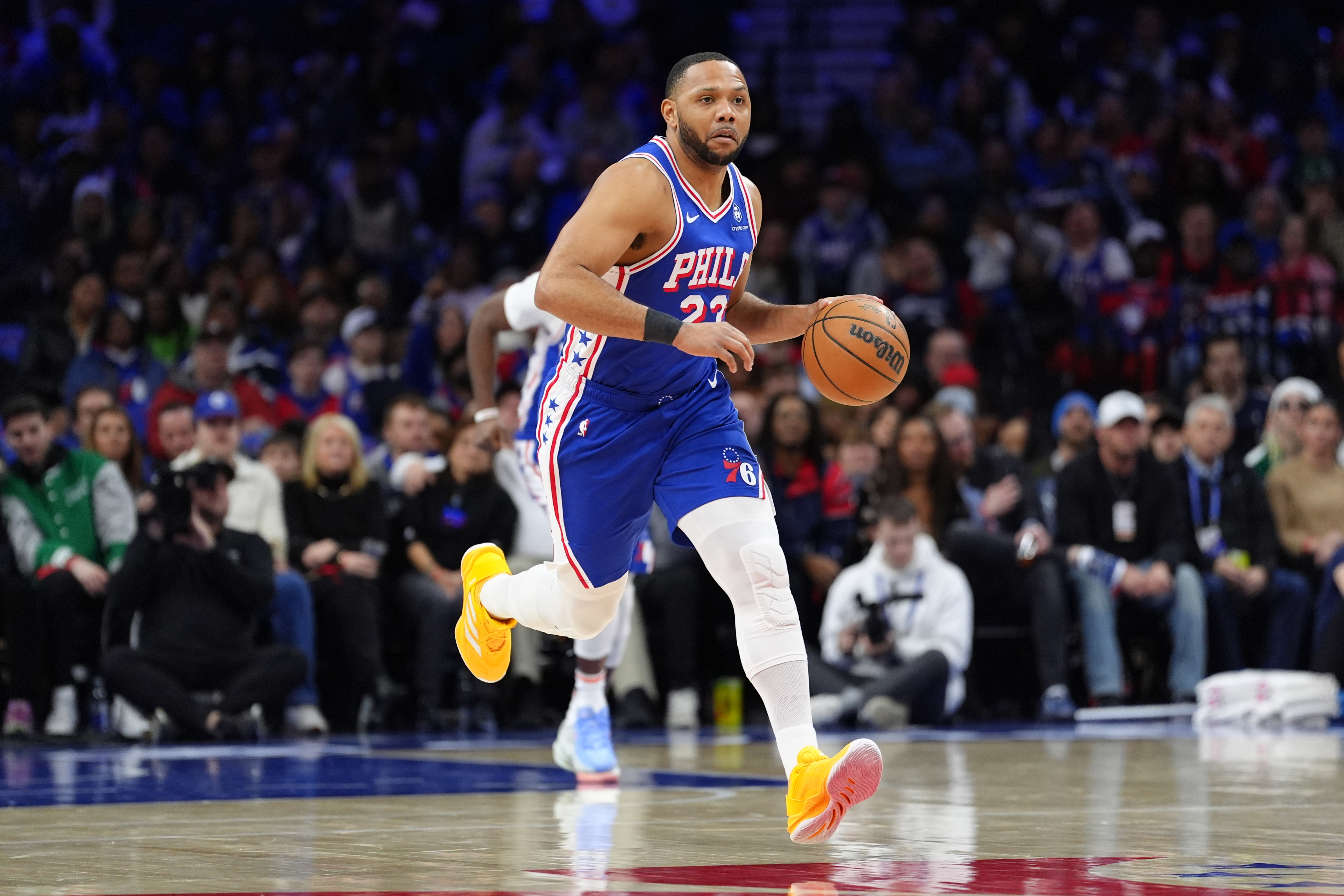 Feb 5, 2025; Philadelphia, Pennsylvania, USA; Philadelphia 76ers guard Eric Gordon (23) controls the ball against the Miami Heat in the fourth quarter at Wells Fargo Center. Mandatory Credit: Kyle Ross-Imagn Images