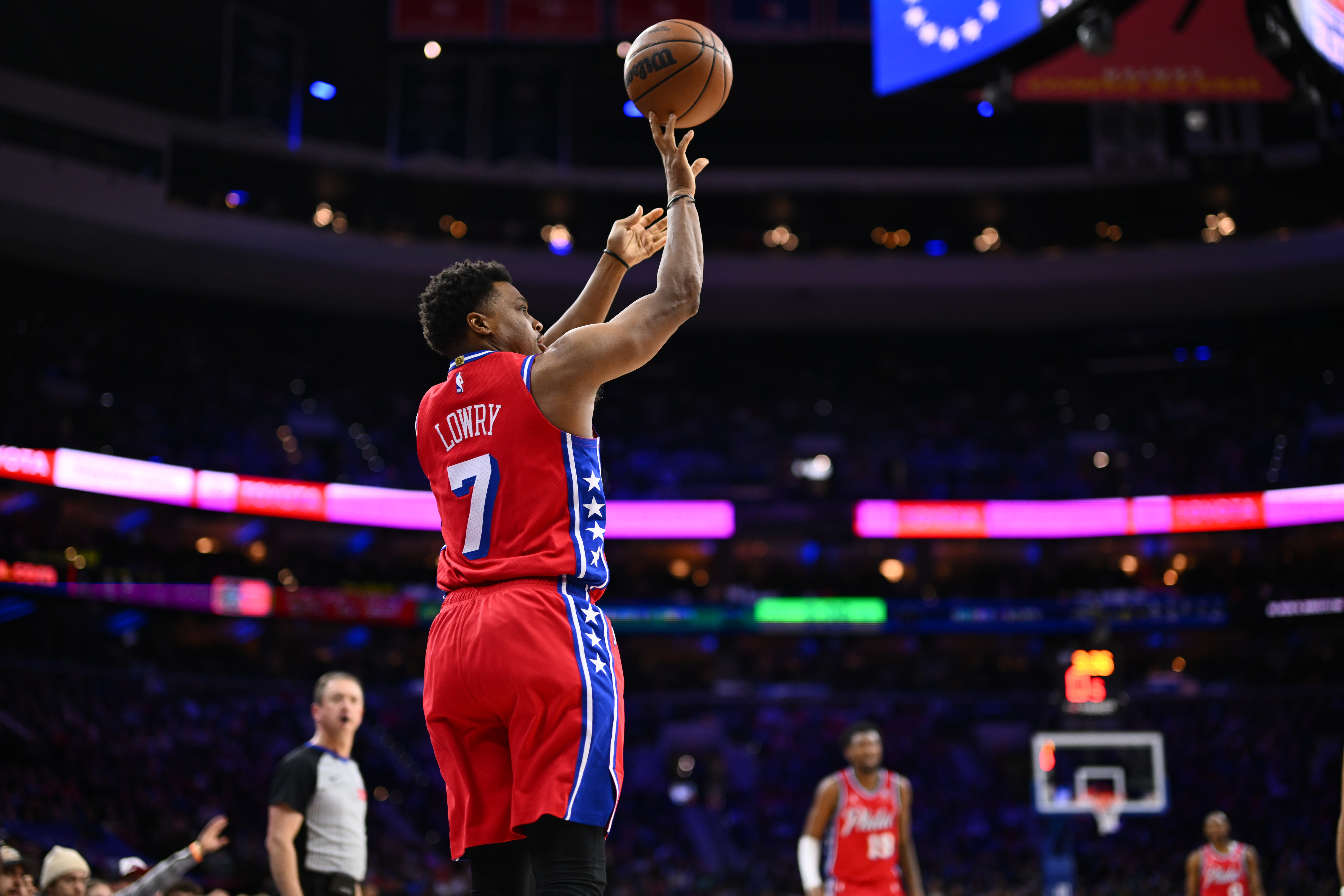 Jan 31, 2025; Philadelphia, Pennsylvania, USA; Philadelphia 76ers guard Kyle Lowry (7) shoots the ball against the Denver Nuggets in the third quarter at Wells Fargo Center. Mandatory Credit: Kyle Ross-Imagn Images