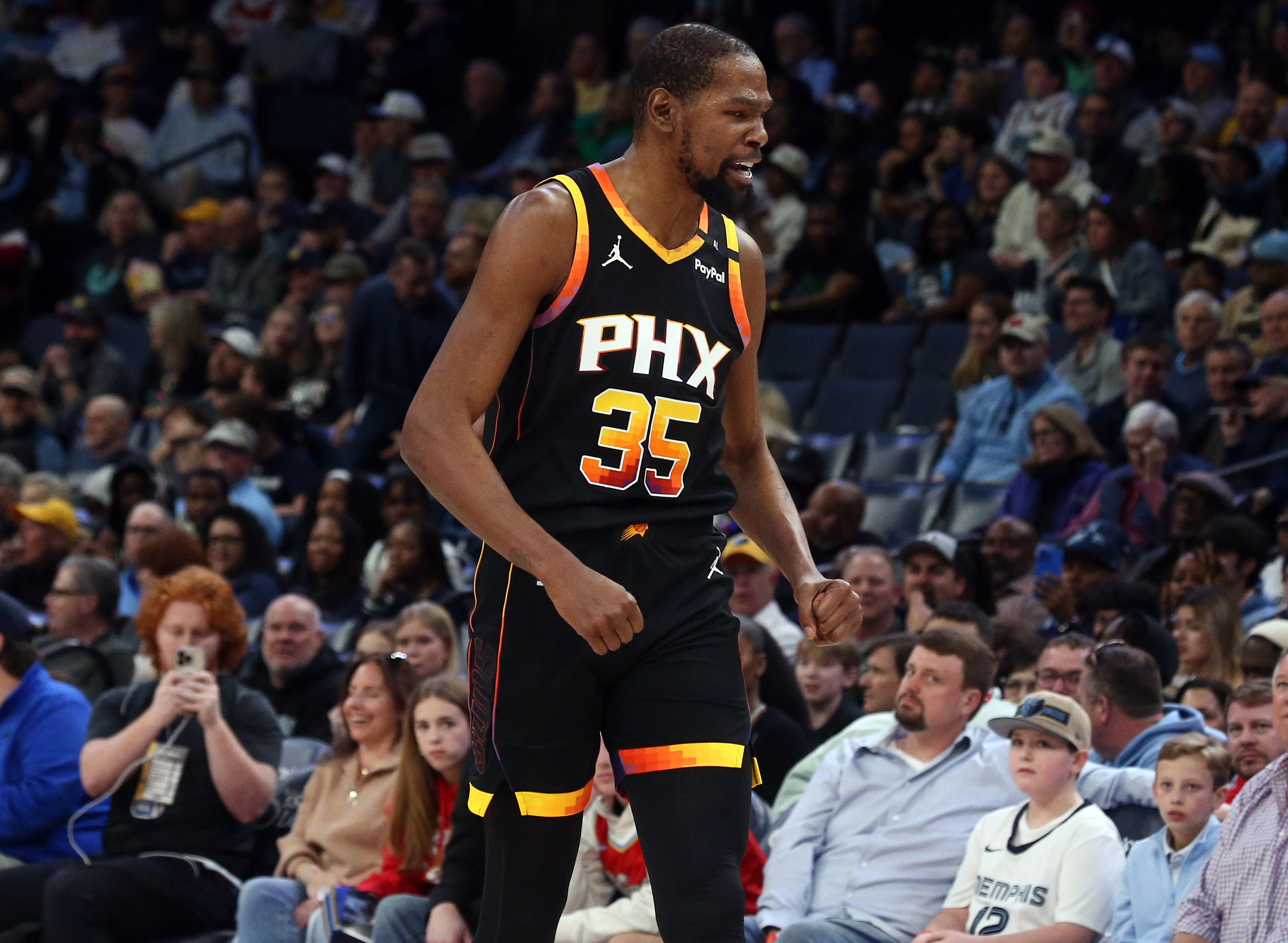Mar 10, 2025; Memphis, Tennessee, USA; Phoenix Suns forward Kevin Durant (35) reacts during the first quarter against the Memphis Grizzlies at FedExForum. Mandatory Credit: Petre Thomas-Imagn Images