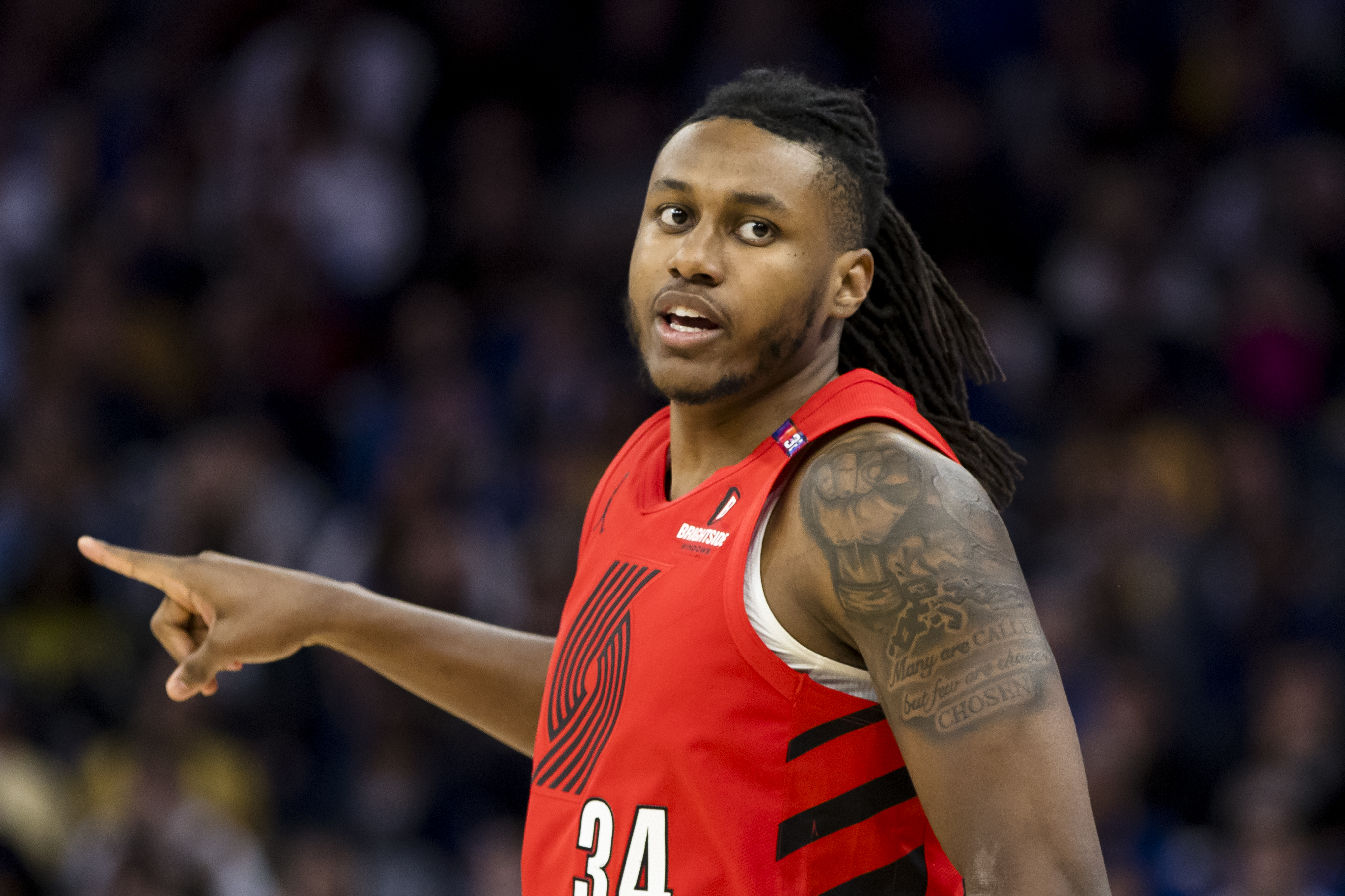 Mar 10, 2025; San Francisco, California, USA; Portland Trail Blazers forward Jabari Walker (34) gestures during the fourth quarter against the Golden State Warriors at Chase Center. Mandatory Credit: John Hefti-Imagn Images