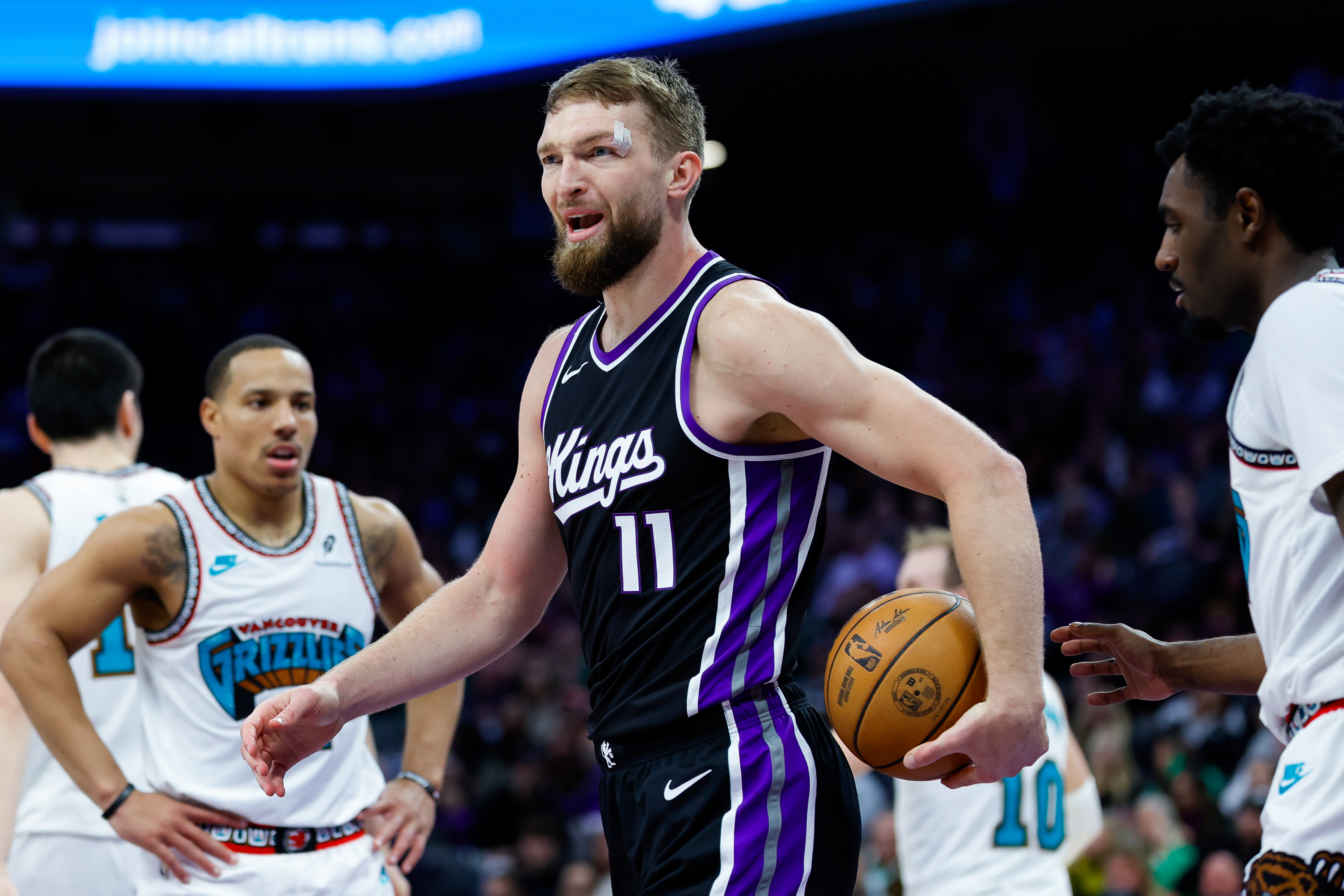 Mar 17, 2025; Sacramento, California, USA; Sacramento Kings forward Domantas Sabonis (11) reacts after a play during the second quarter against the Memphis Grizzlies at Golden 1 Center. Mandatory Credit: Sergio Estrada-Imagn Images
