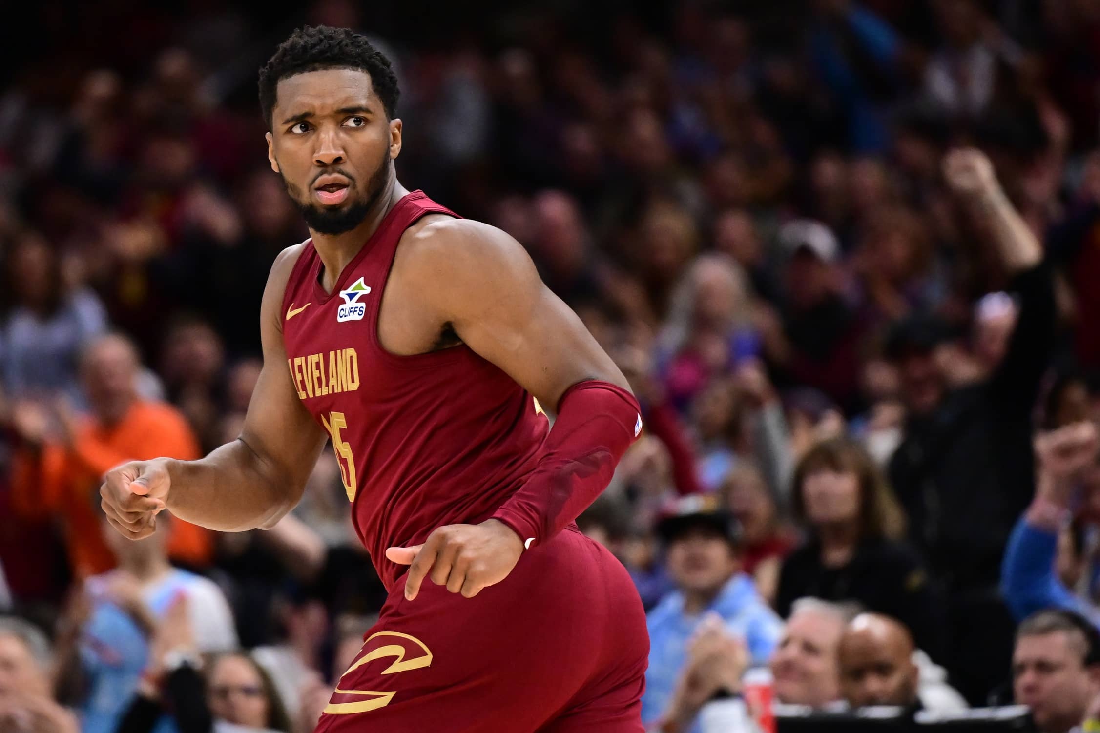 Cleveland Cavaliers guard Donovan Mitchell (45) reacts after a basket during the second half against the New York Knicks at Rocket Arena.