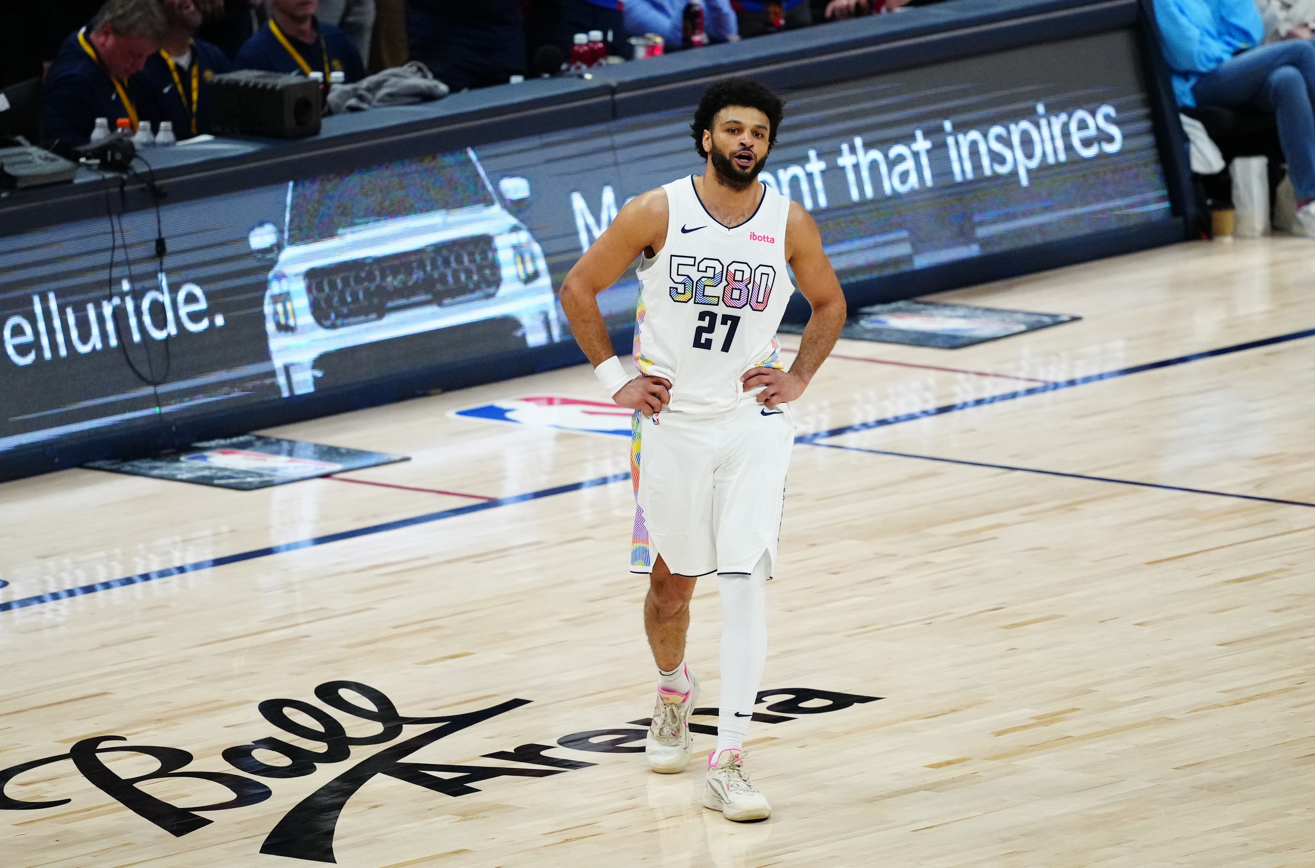 Denver Nuggets guard Jamal Murray (27) reacts in the second quarter against the LA Clippers during five of first round for the 2025 NBA Playoffs at Ball Arena. Mandatory Credit: Ron Chenoy-Imagn Images
