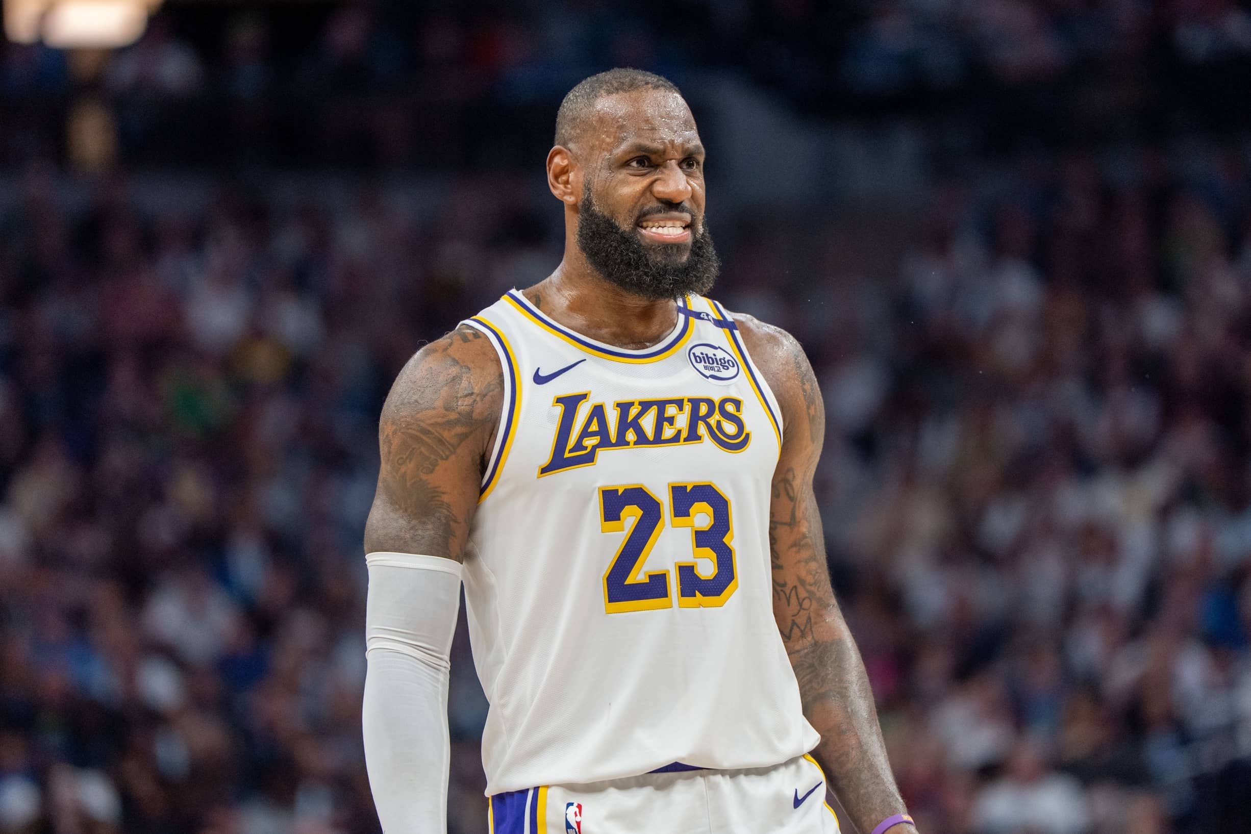 Los Angeles Lakers forward LeBron James (23) talks with a referee in the third quarter against the Minnesota Timberwolves during game four of first round for the 2025 NBA Playoffs at Target Center. Mandatory Credit: Matt Blewett-Imagn Images