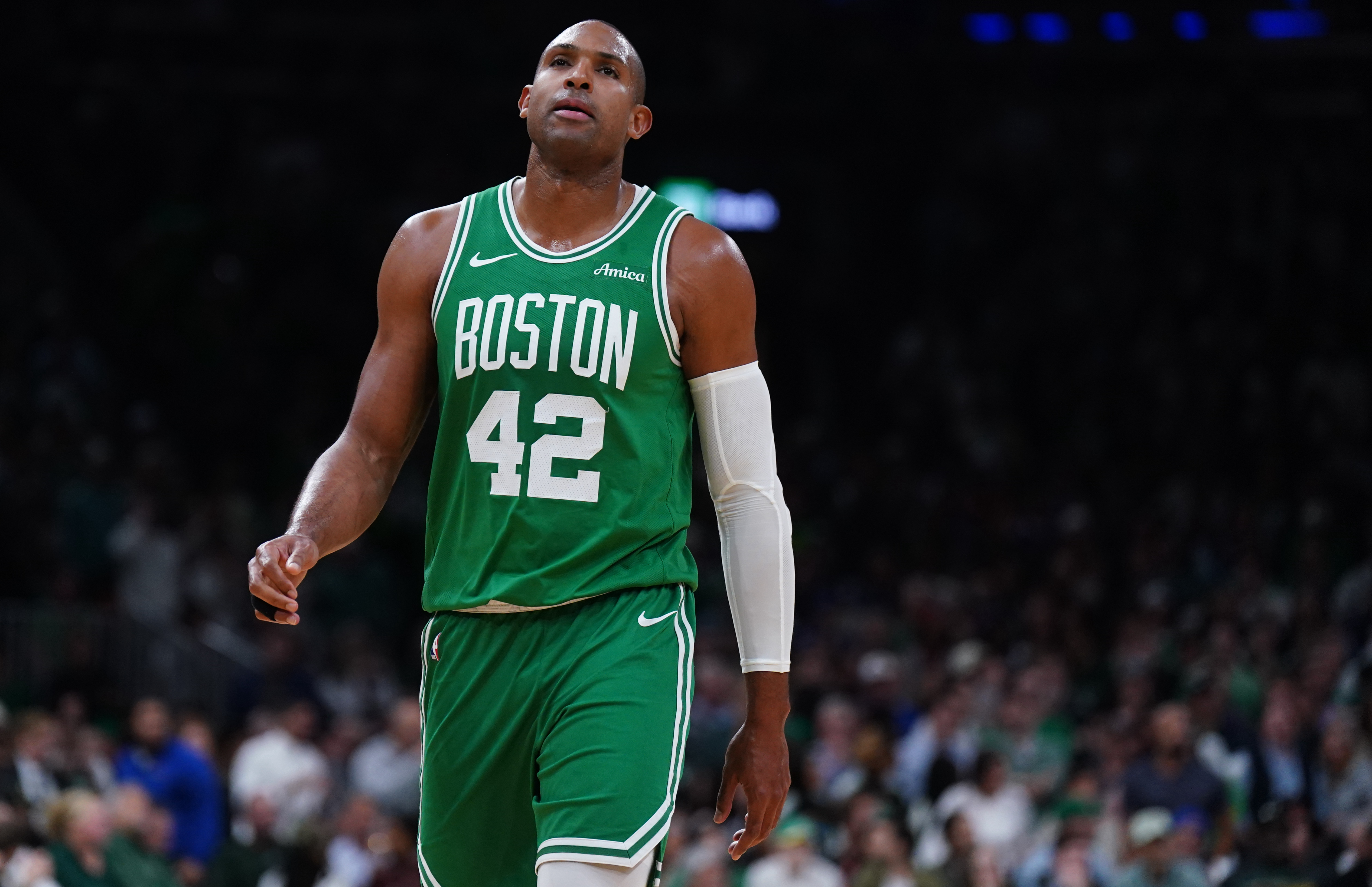 May 7, 2025; Boston, Massachusetts, USA; Boston Celtics center Al Horford (42) returns up court against the New York Knicks in the fourth quarter during game two of the second round for the 2025 NBA Playoffs at TD Garden. Mandatory Credit: David Butler II-Imagn Images
