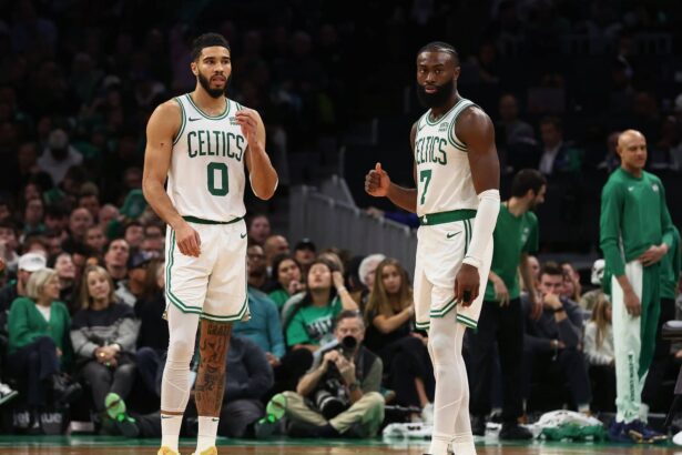 Boston Celtics forward Jayson Tatum (0) and guard Jaylen Brown (7) during the second half against the Atlanta Hawks at TD Garden. Mandatory Credit: Winslow Townson-Imagn Images