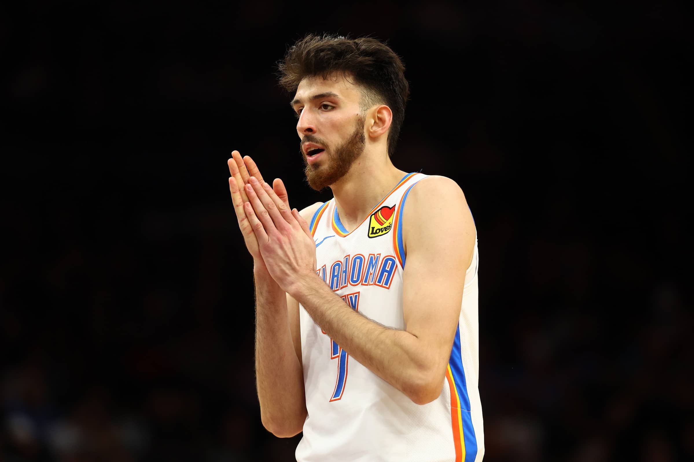 Phoenix, Arizona, USA; Oklahoma City Thunder forward Chet Holmgren (7) reacts against the Phoenix Suns during the first half at Footprint Center. Mandatory Credit: Mark J. Rebilas-Imagn Images
