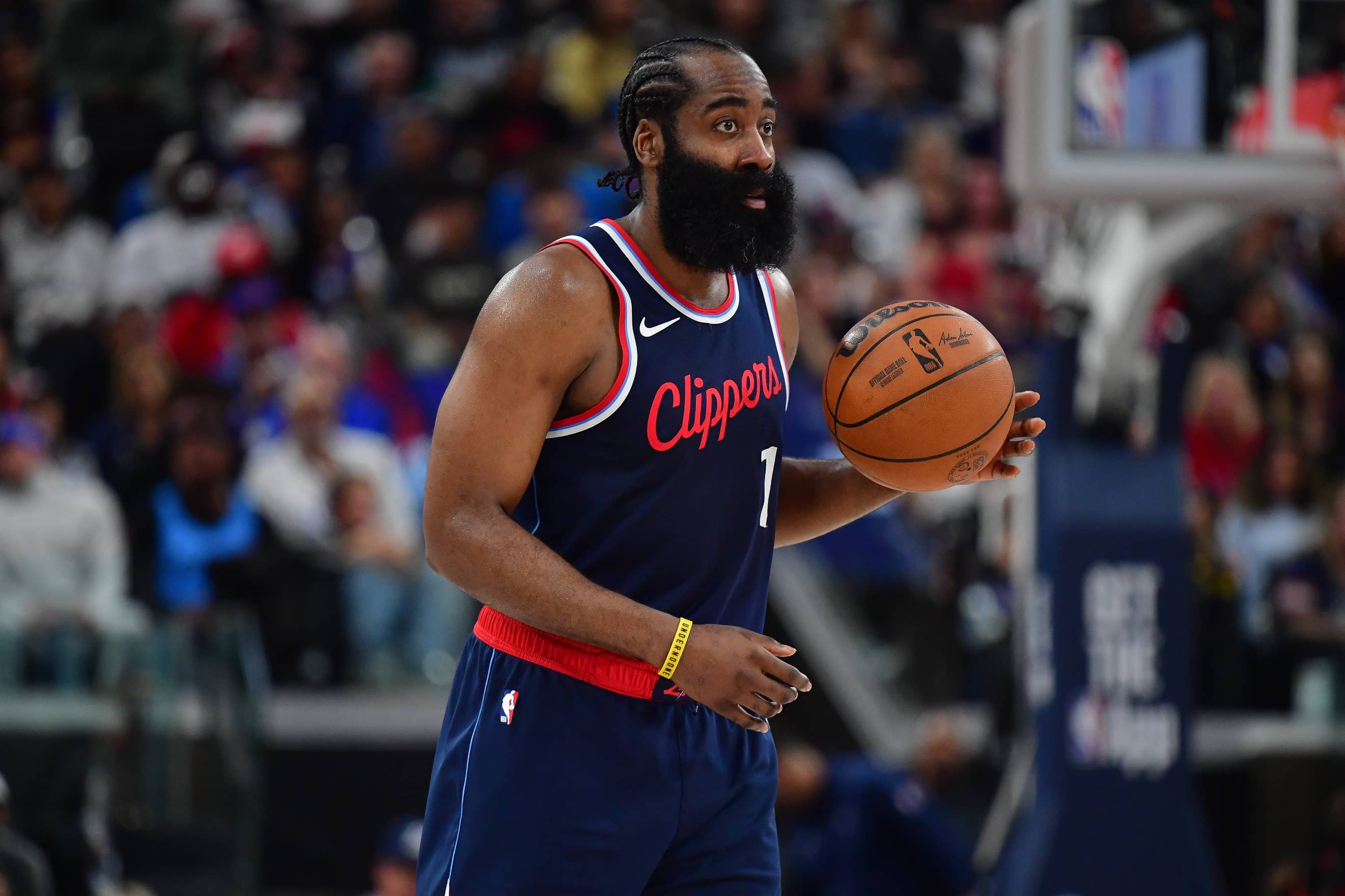 Inglewood, California, USA; Los Angeles Clippers guard James Harden (1) controls the ball against the Denver Nuggets during the second half of game three in the first round for the 2024 NBA Playoffs at Intuit Dome. Mandatory Credit: Gary A. Vasquez-Imagn Images