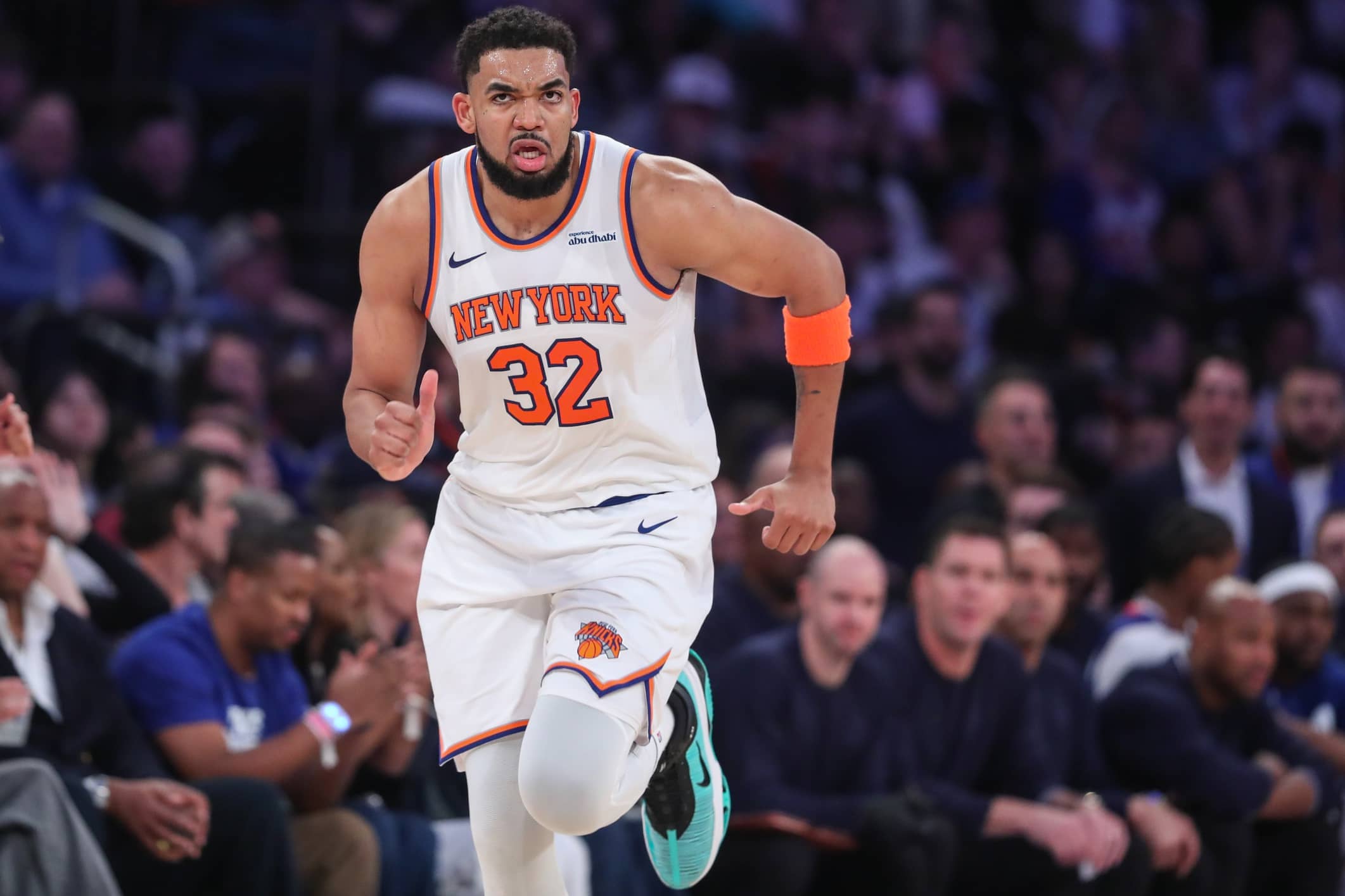 New York, New York, USA; New York Knicks center Karl-Anthony Towns (32) in Game One of the NBA Eastern Conference Playoffs at Madison Square Garden. Mandatory Credit: Wendell Cruz-Imagn Images