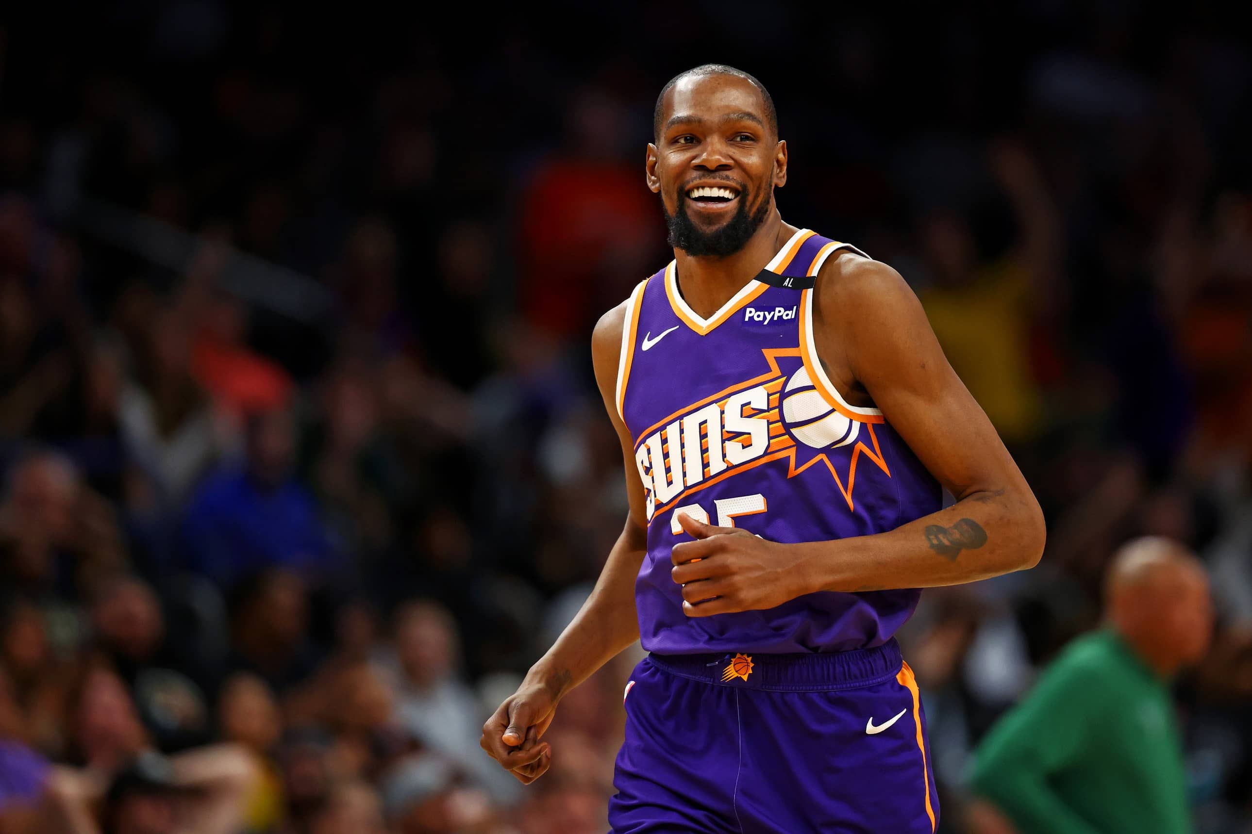 Mar 24, 2025; Phoenix, Arizona, USA; Phoenix Suns forward Kevin Durant (35) celebrates after a play during the fourth quarter against the Milwaukee Bucks at Footprint Center. Mandatory Credit: Mark J. Rebilas-Imagn Images