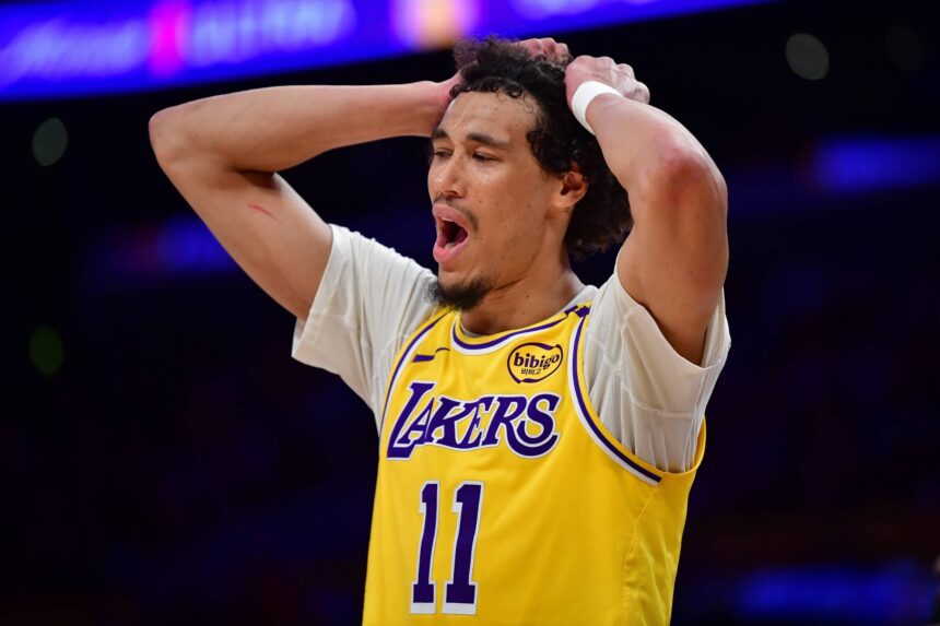 Apr 3, 2025; Los Angeles, California, USA; Los Angeles Lakers center Jaxson Hayes (11) reacts to a foul called against him during the second half at Crypto.com Arena. Mandatory Credit: Gary A. Vasquez-Imagn Images