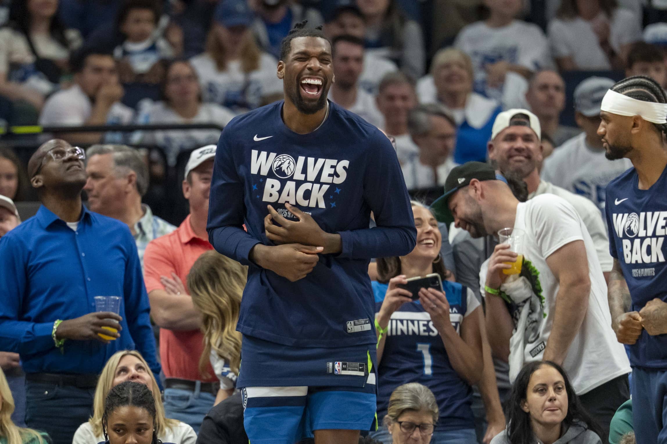 May 8, 2025; Minneapolis, Minnesota, USA; Minnesota Timberwolves center Naz Reid (11) reacts to a made shot during the first half against the Golden State Warriors during game two of the second round for the 2025 NBA Playoffs at Target Center. Mandatory Credit: Jesse Johnson-Imagn Images