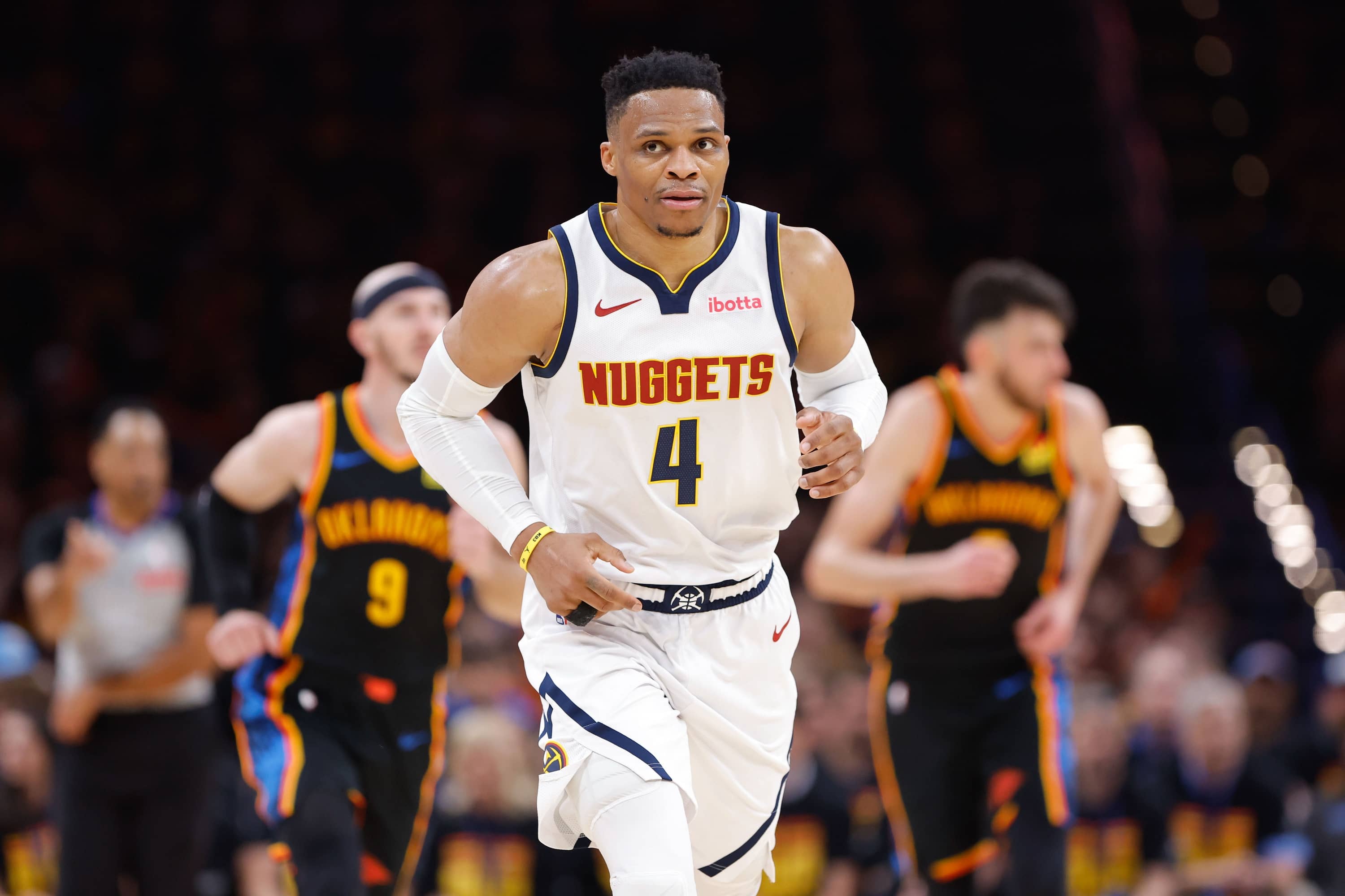 Oklahoma City, Oklahoma, USA; Denver Nuggets guard Russell Westbrook (4) runs down the court against the Oklahoma City Thunder in the second quarter during game seven of the second round for the 2025 NBA Playoffs at Paycom Center. Mandatory Credit: Alonzo Adams-Imagn Images