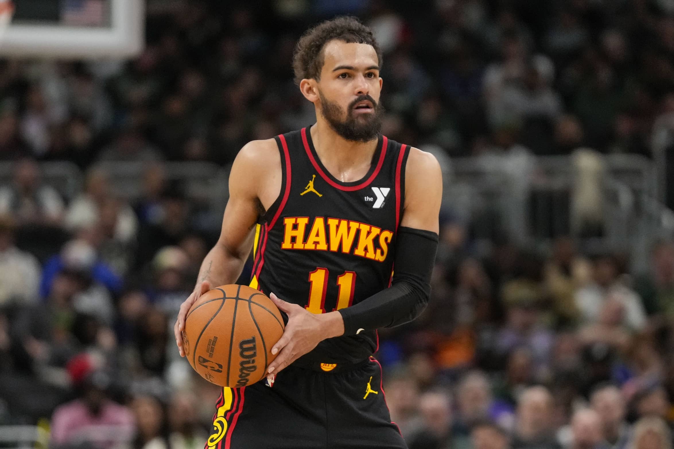 Milwaukee, Wisconsin, USA; Atlanta Hawks guard Trae Young (11) during the game against the Milwaukee Bucks at Fiserv Forum. Mandatory Credit: Jeff Hanisch-Imagn Images