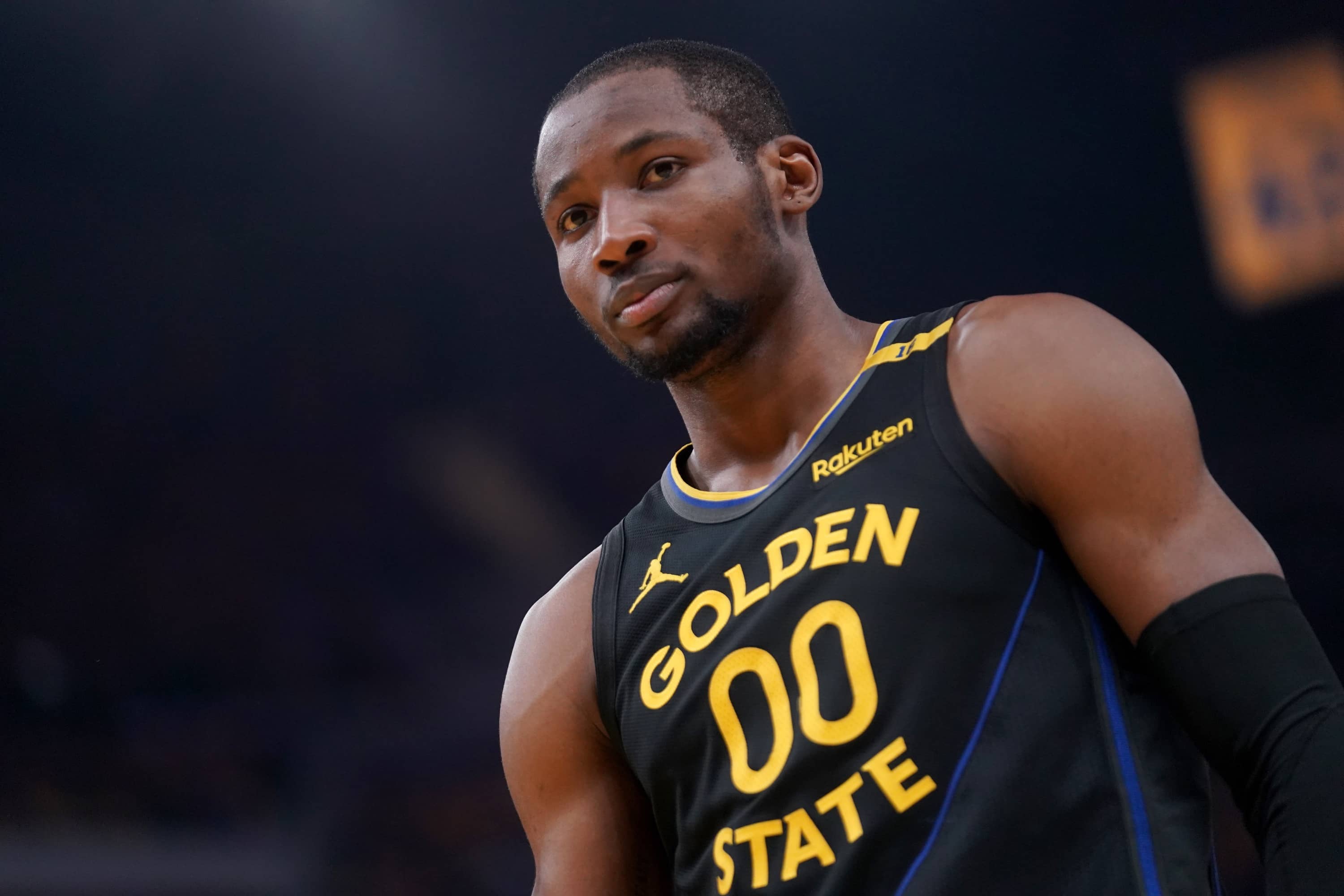 Golden State Warriors forward Jonathan Kuminga (00) stands on the court before a play against the Minnesota Timberwolves in the second quarter during game four of the second round for the 2025 NBA Playoffs at Chase Center.
