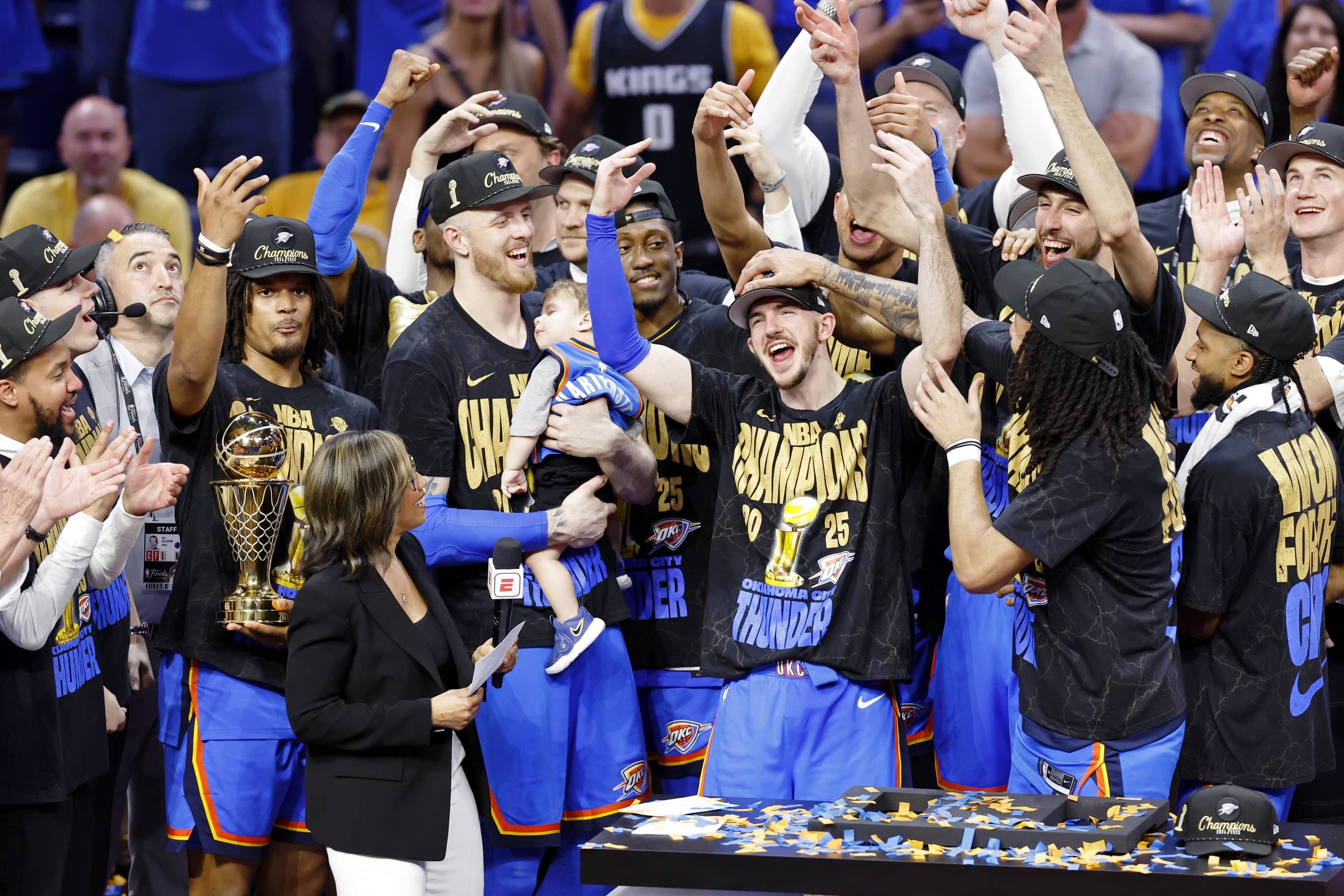 Jun 22, 2025; Oklahoma City, Oklahoma, USA; Oklahoma City Thunder guard Alex Caruso (9) celebrates after winning game seven of the 2025 NBA Finals against the Indiana Pacers at Paycom Center.