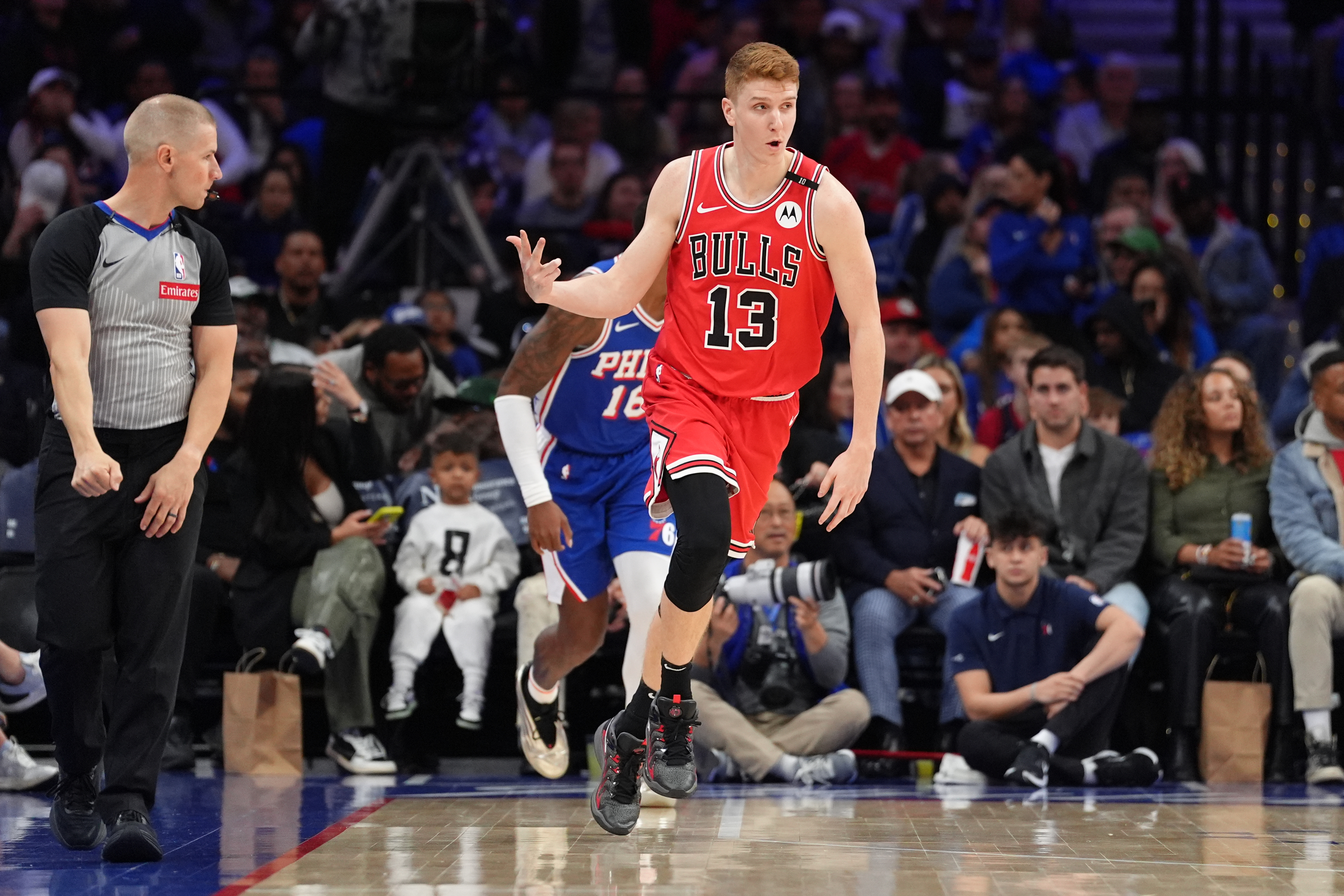 Apr 13, 2025; Philadelphia, Pennsylvania, USA; Chicago Bulls guard Kevin Huerter (13) reacts after scoring against the Philadelphia 76ers in the second quarter at Wells Fargo Center. Mandatory Credit: Kyle Ross-Imagn Images  