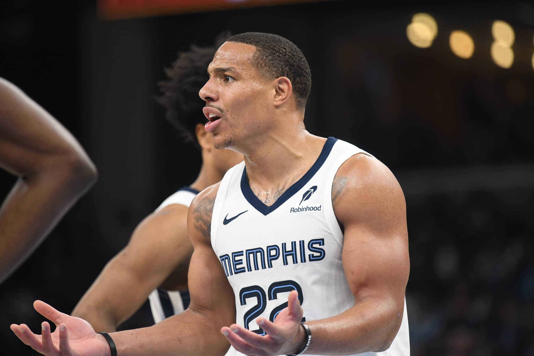 Nov 20, 2024; Memphis, Tennessee, USA; Memphis Grizzlies guard Desmond Bane (22) reacts during the second half against the Philadelphia 76ers at FedExForum. Mandatory Credit: Petre Thomas-Imagn Images