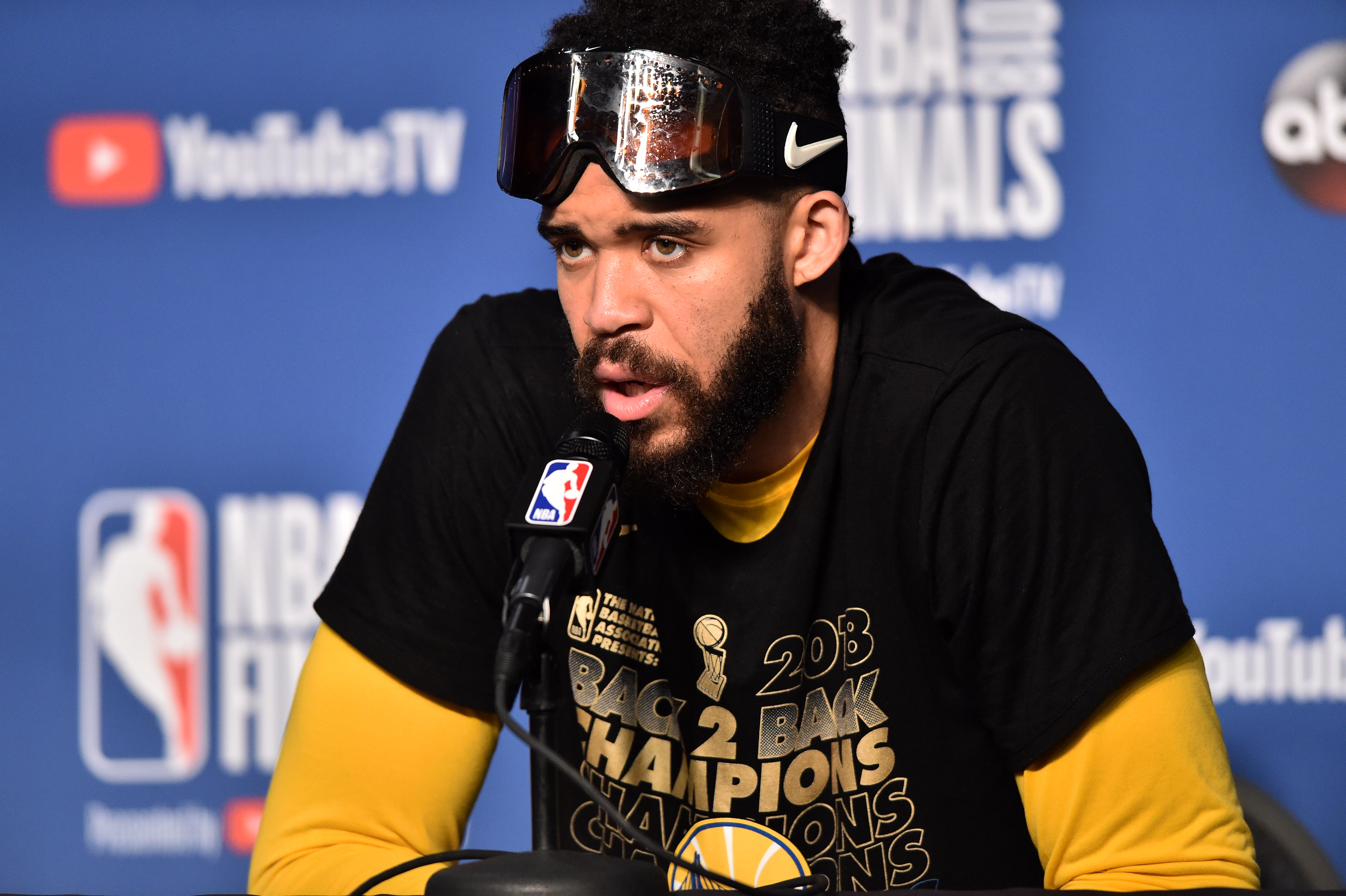 Jun 8, 2018; Cleveland, OH, USA; Golden State Warriors center JaVale McGee (1) speaks during a press conference after defeating the Cleveland Cavaliers in game four of the 2018 NBA Finals at Quicken Loans Arena. Mandatory Credit: Ken Blaze-Imagn Images  