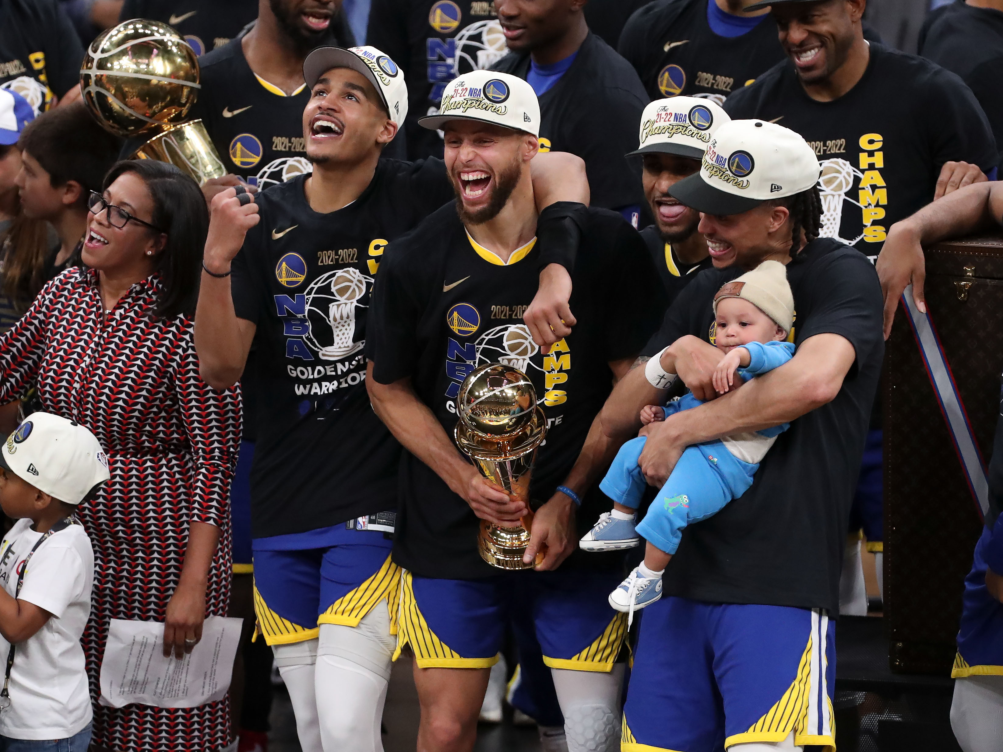 Jun 16, 2022; Boston, Massachusetts, USA; Golden State Warriors guard Jordan Poole (3), guard Stephen Curry (30), and guard Damion Lee (1) celebrate after defeating the Boston Celtics in game six of the 2022 NBA Finals at the TD Garden. Mandatory Credit: Paul Rutherford-Imagn Images  