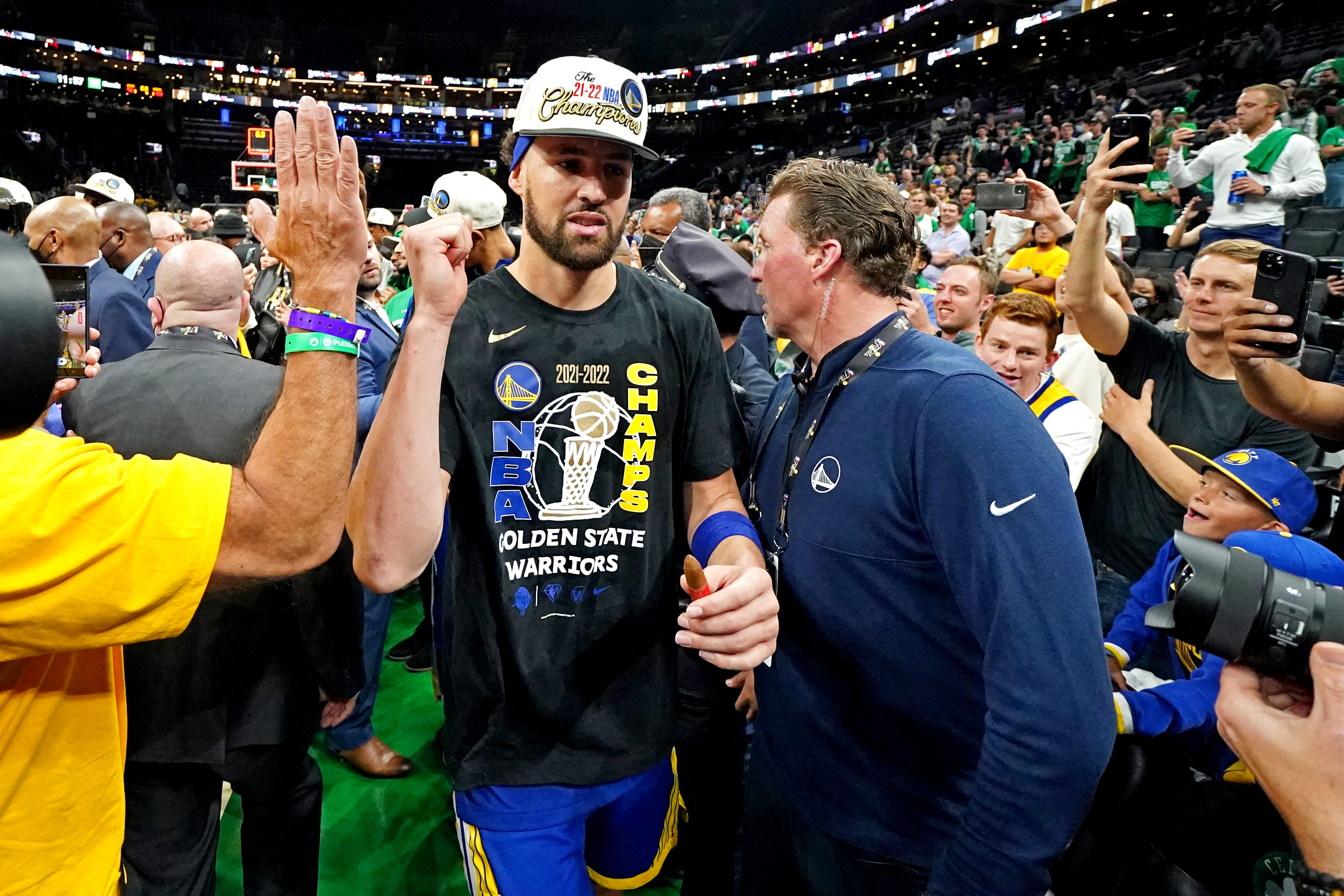 Jun 16, 2022; Boston, Massachusetts, USA; Golden State Warriors guard Klay Thompson (11) celebrates after the Golden State Warriors beat the Boston Celtics in game six of the 2022 NBA Finals to win the NBA Championship at TD Garden. Mandatory Credit: Kyle Terada-Imagn Images  