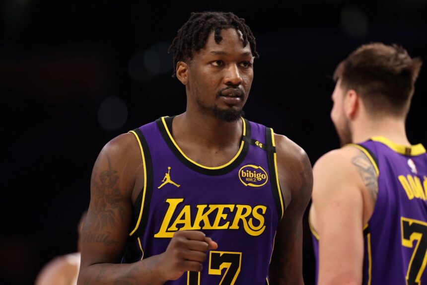 Los Angeles Lakers forward Dorian Finney-Smith (17) reacts to a play during the fourth quarter against the Houston Rockets at Crypto.com Arena.