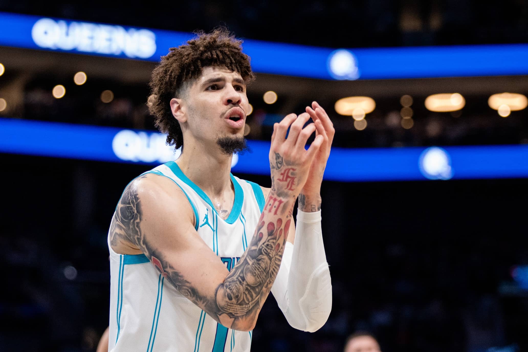 Nov 8, 2024; Charlotte, North Carolina, USA; Charlotte Hornets guard LaMelo Ball (1) celebrates after a three point basket in the fourth quarter against the Indiana Pacers at Spectrum Center. Mandatory Credit: Scott Kinser-Imagn Images